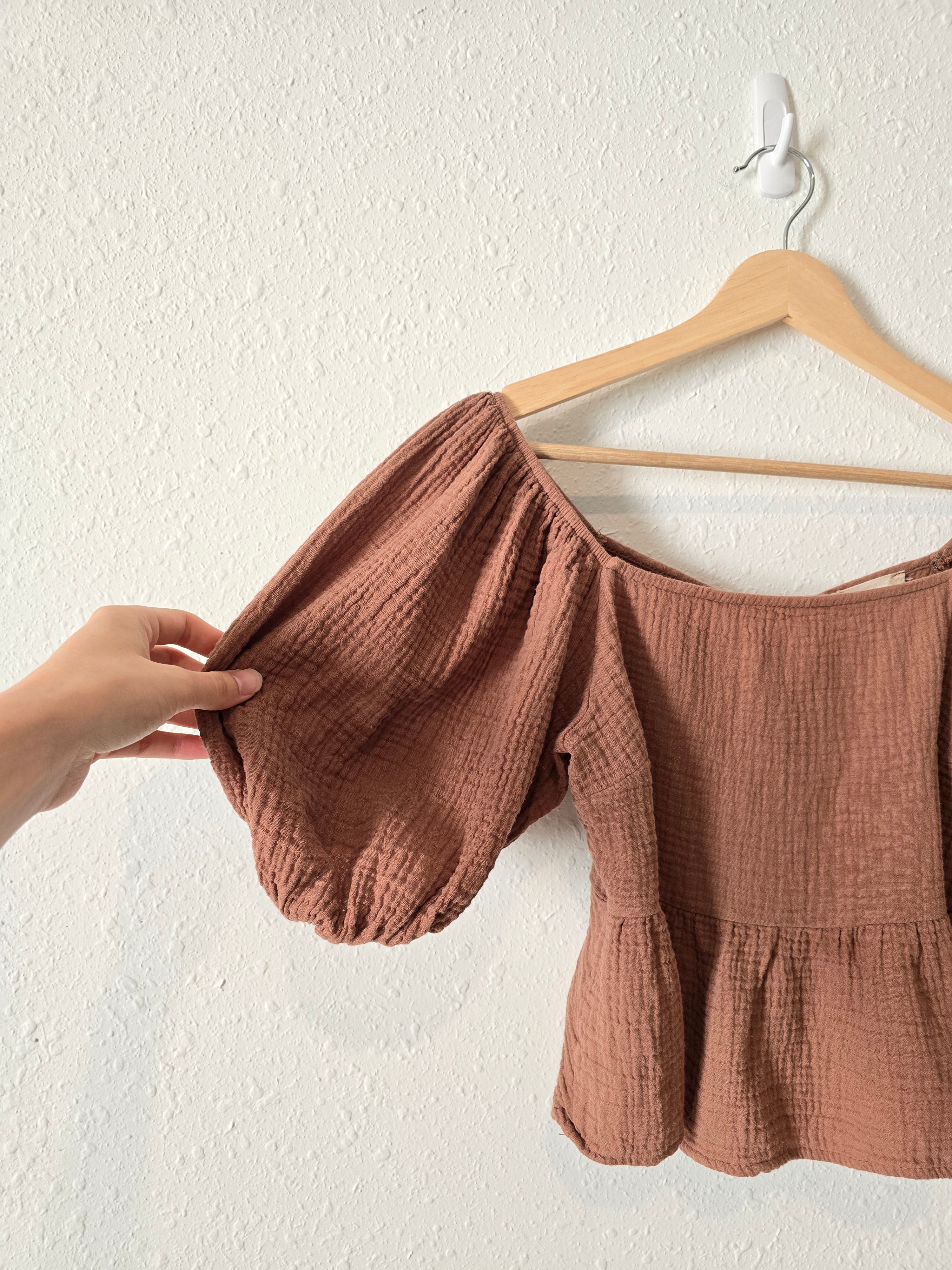Brown Gauze Puff Sleeve Top (S)