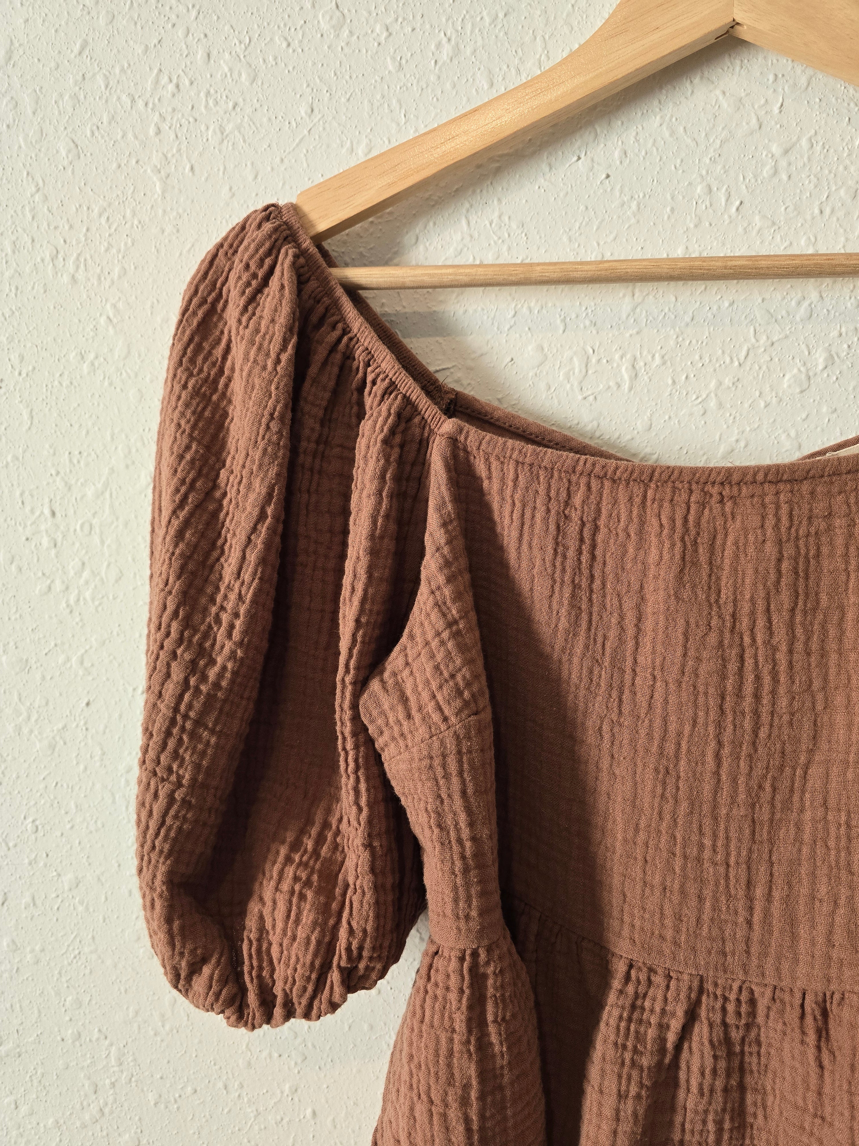 Brown Gauze Puff Sleeve Top (S)