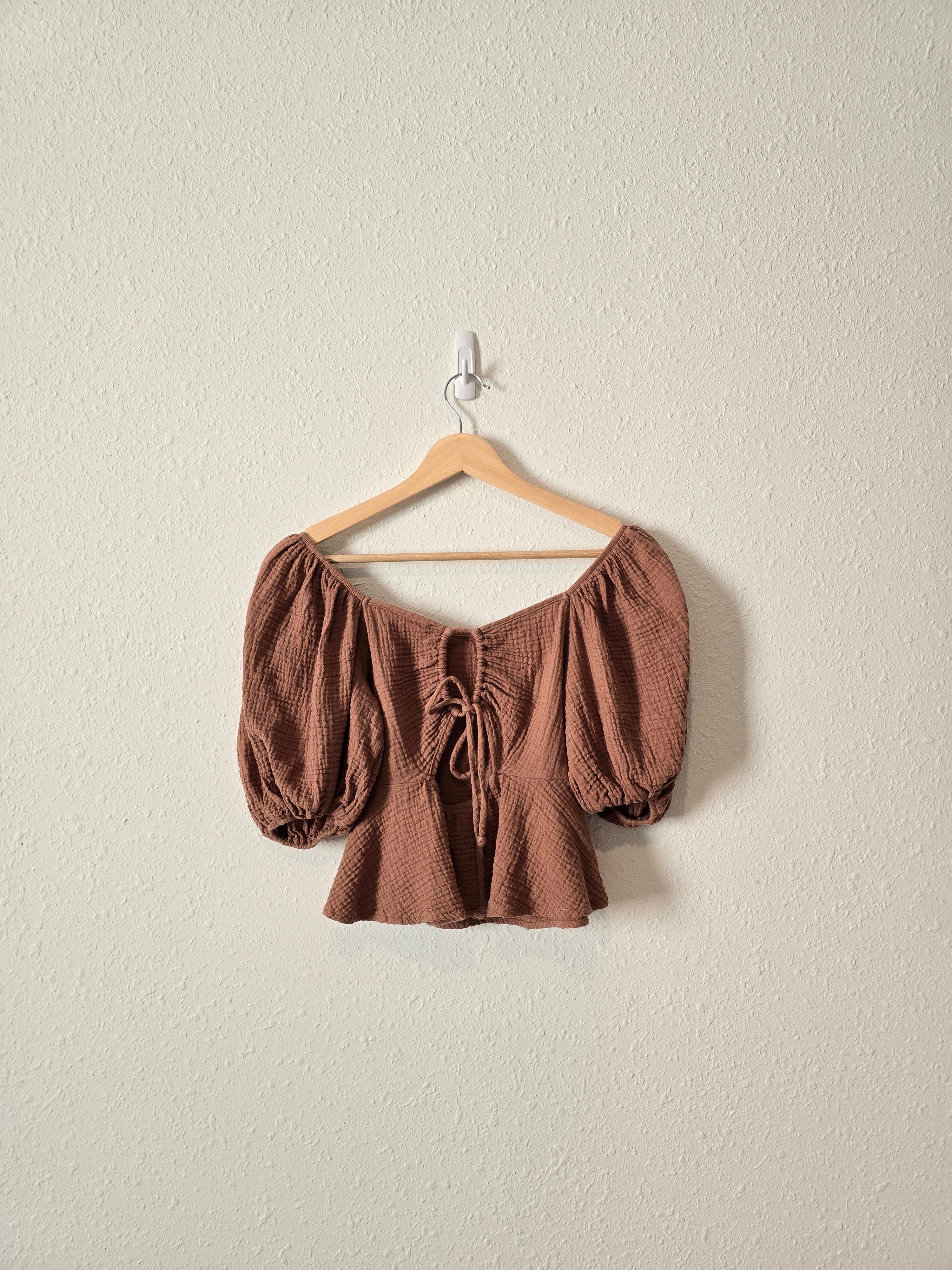 Brown Gauze Puff Sleeve Top (S)