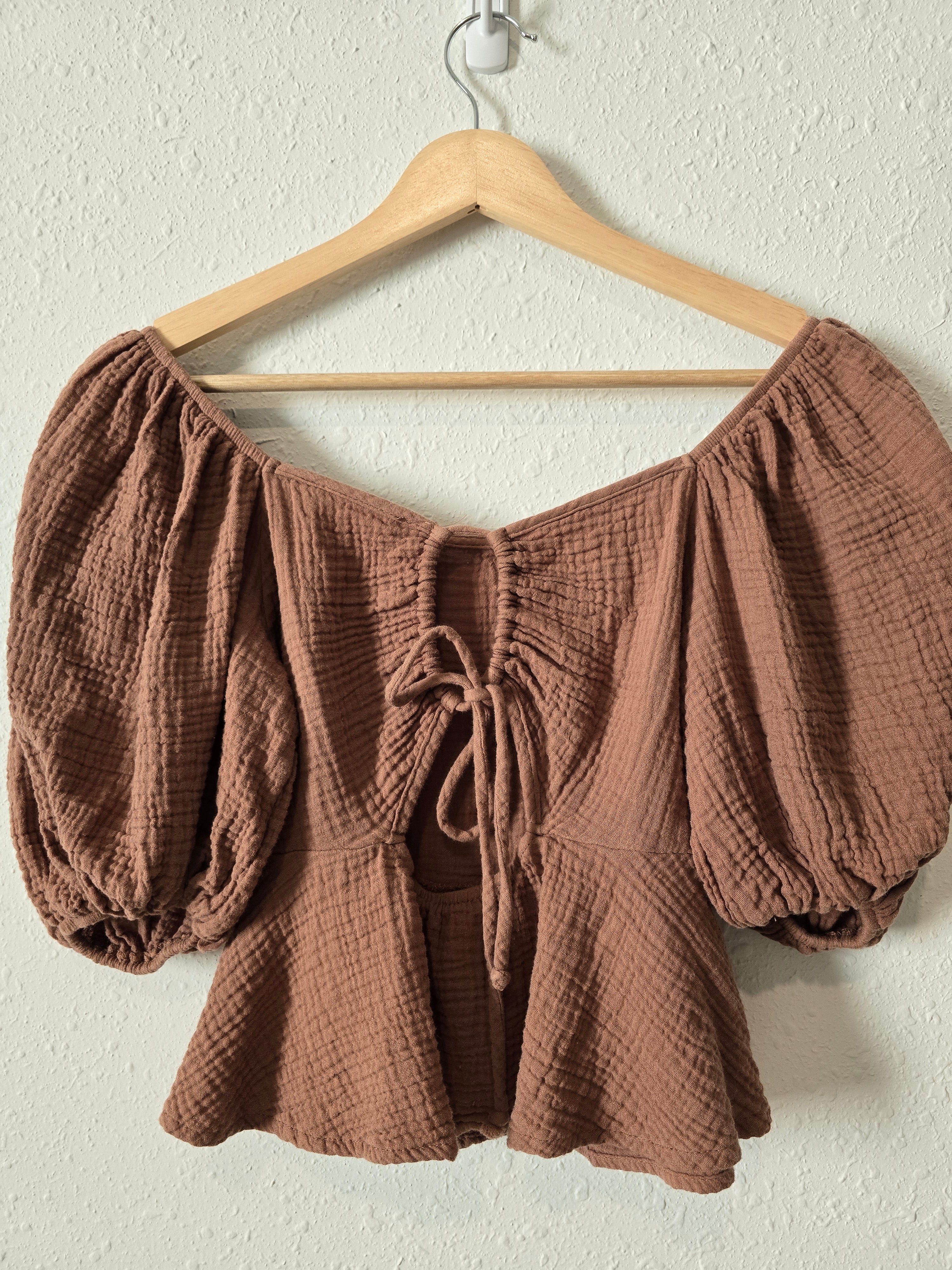 Brown Gauze Puff Sleeve Top (S)