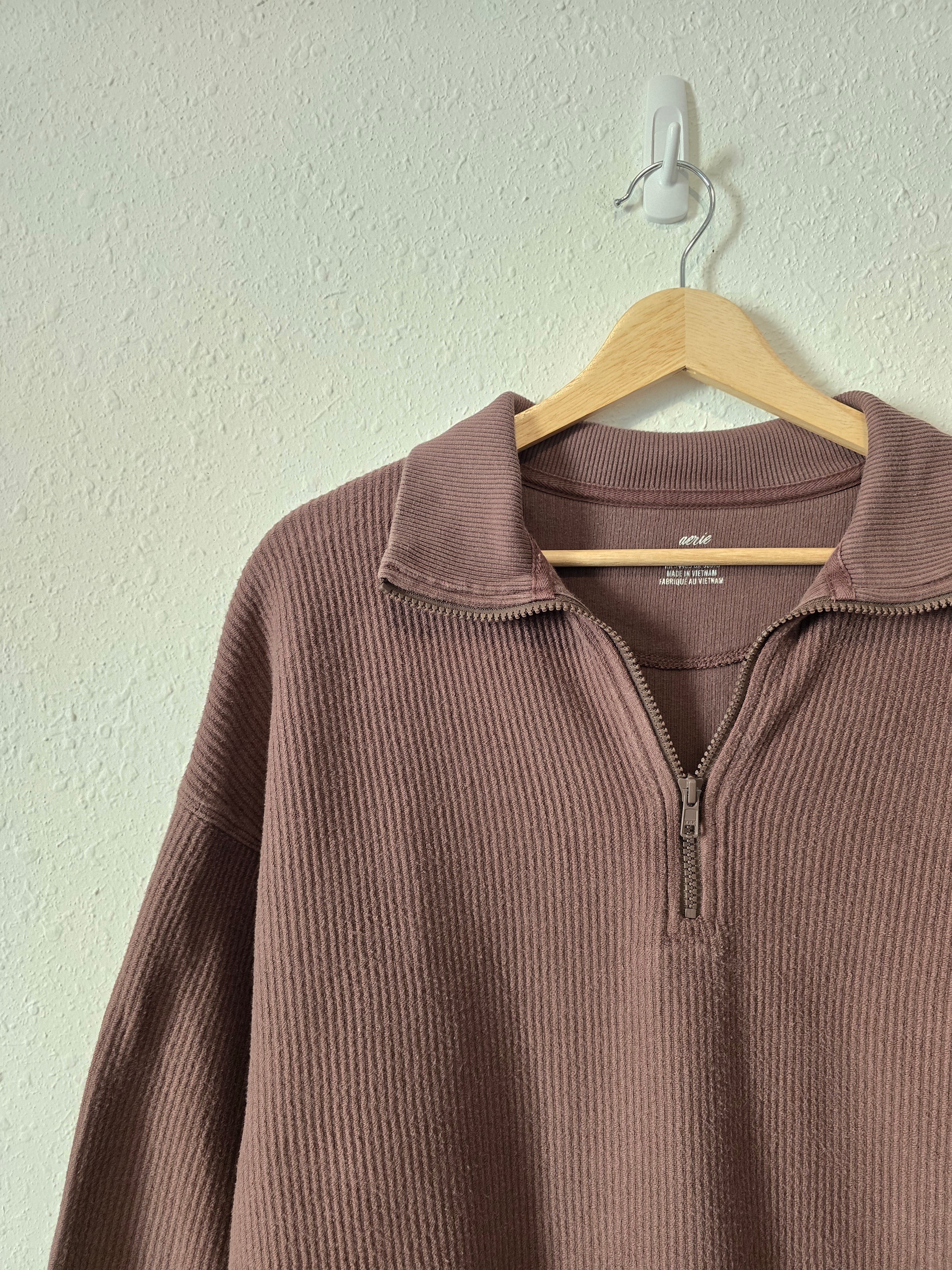 Aerie Brown Rib Quarter Zip Pullover (XS)