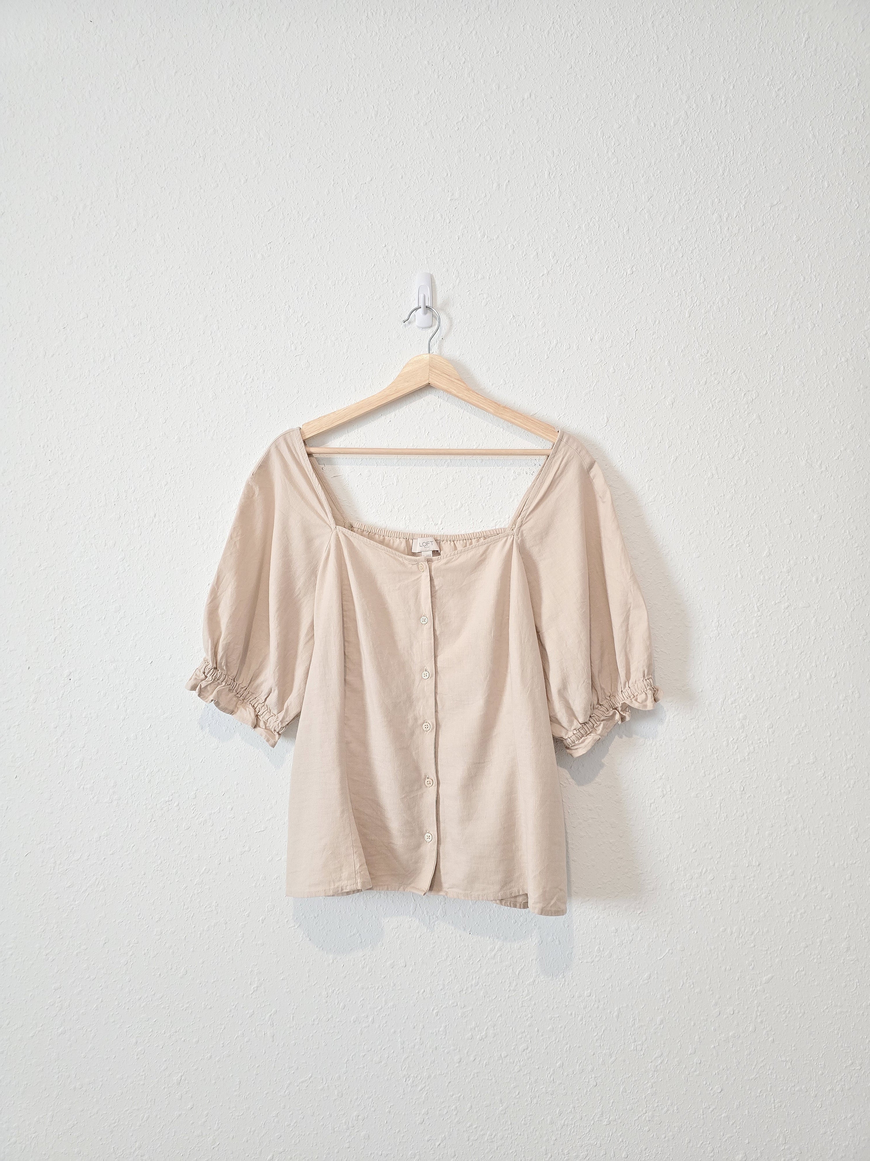 Loft Linen Blend Puff Sleeve Top (XL)