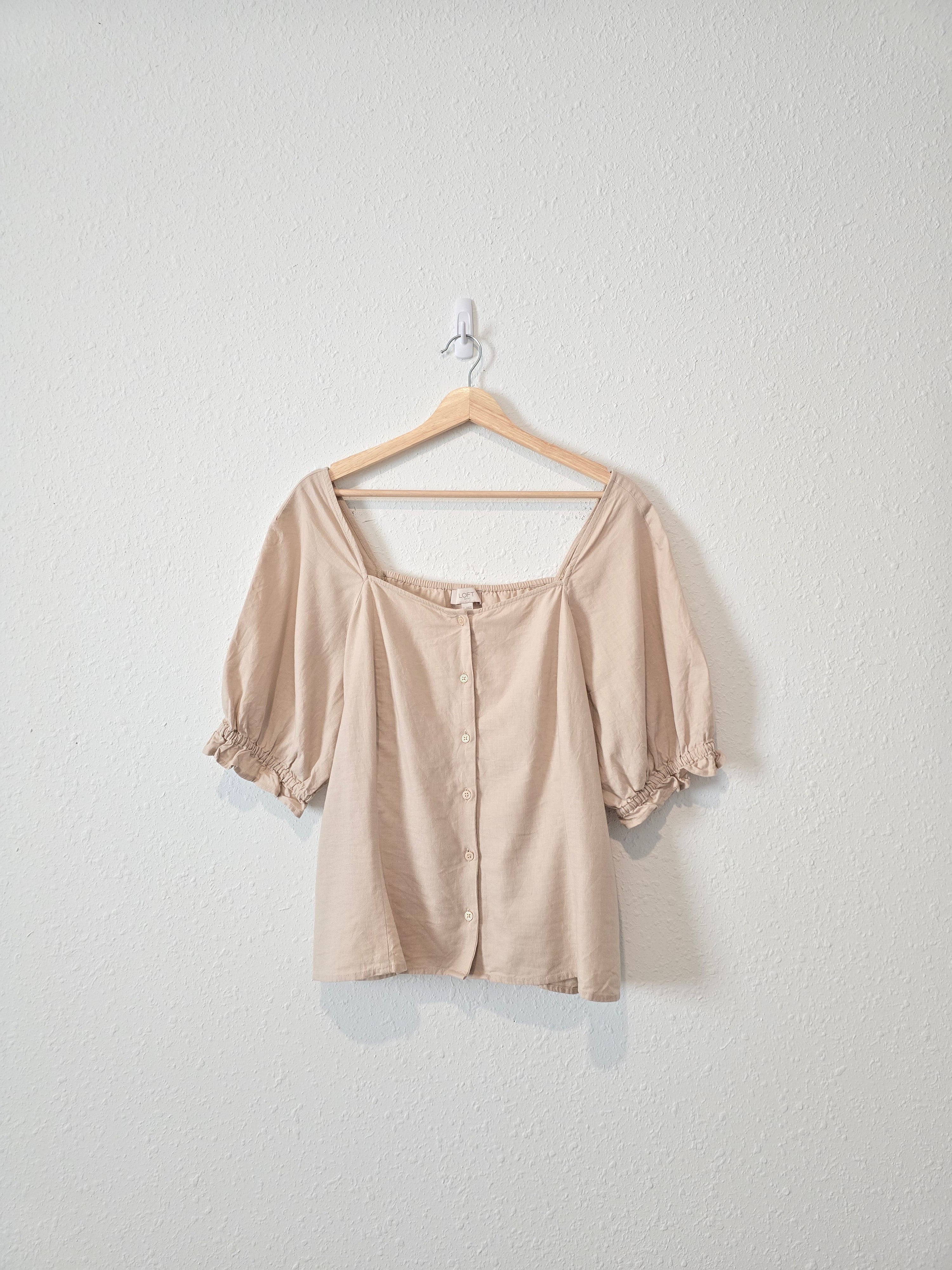 Loft Linen Blend Puff Sleeve Top (XL)