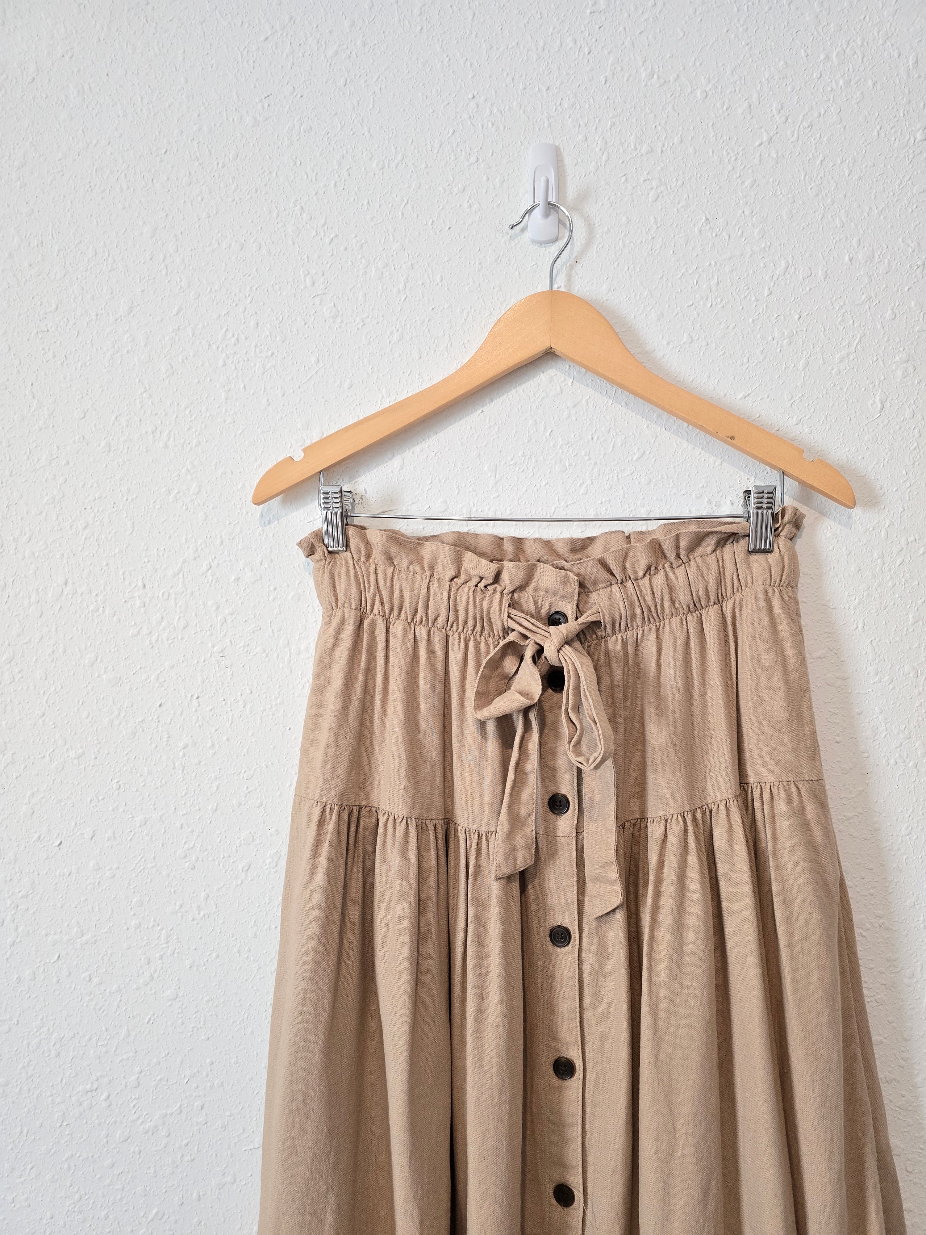 Linen Blend Tiered Midi Skirt (S)
