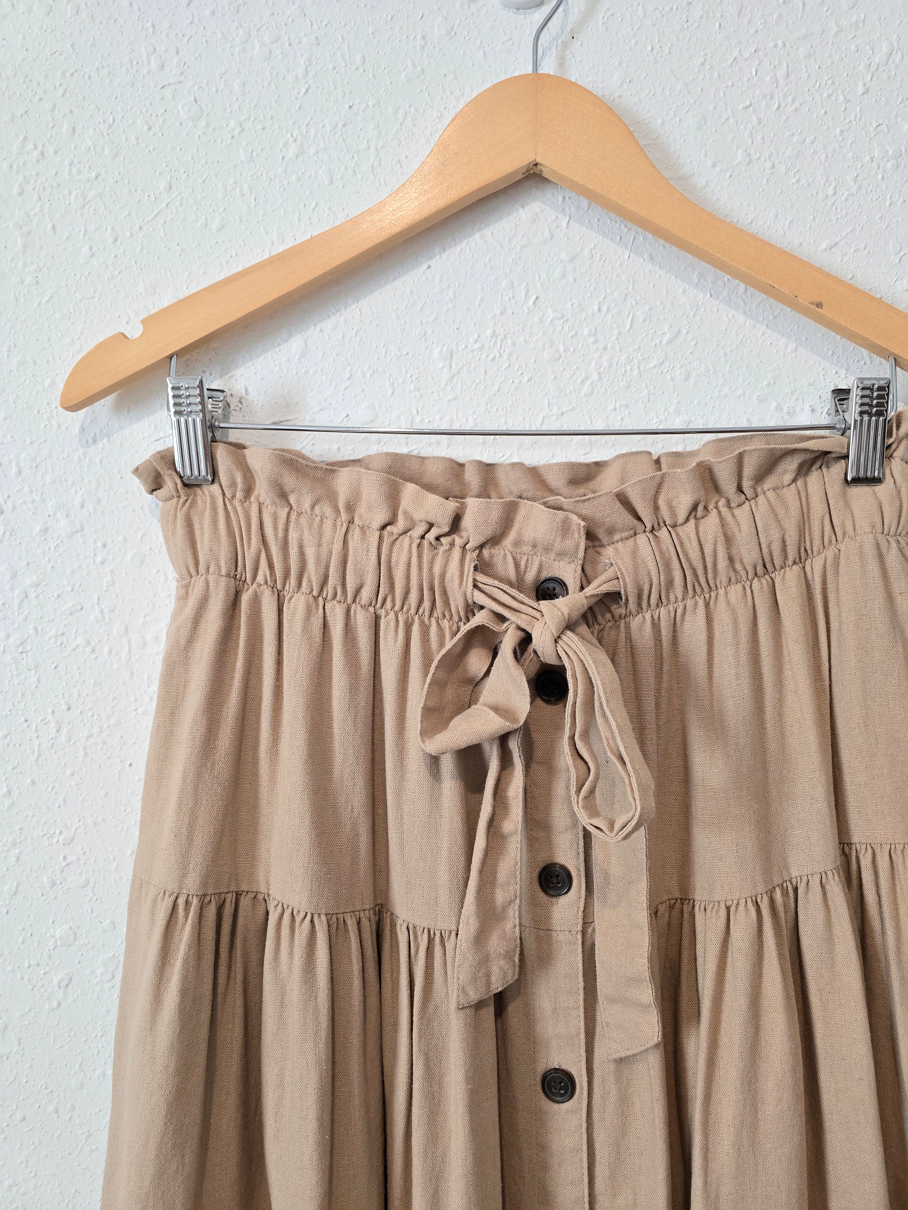 Linen Blend Tiered Midi Skirt (S)