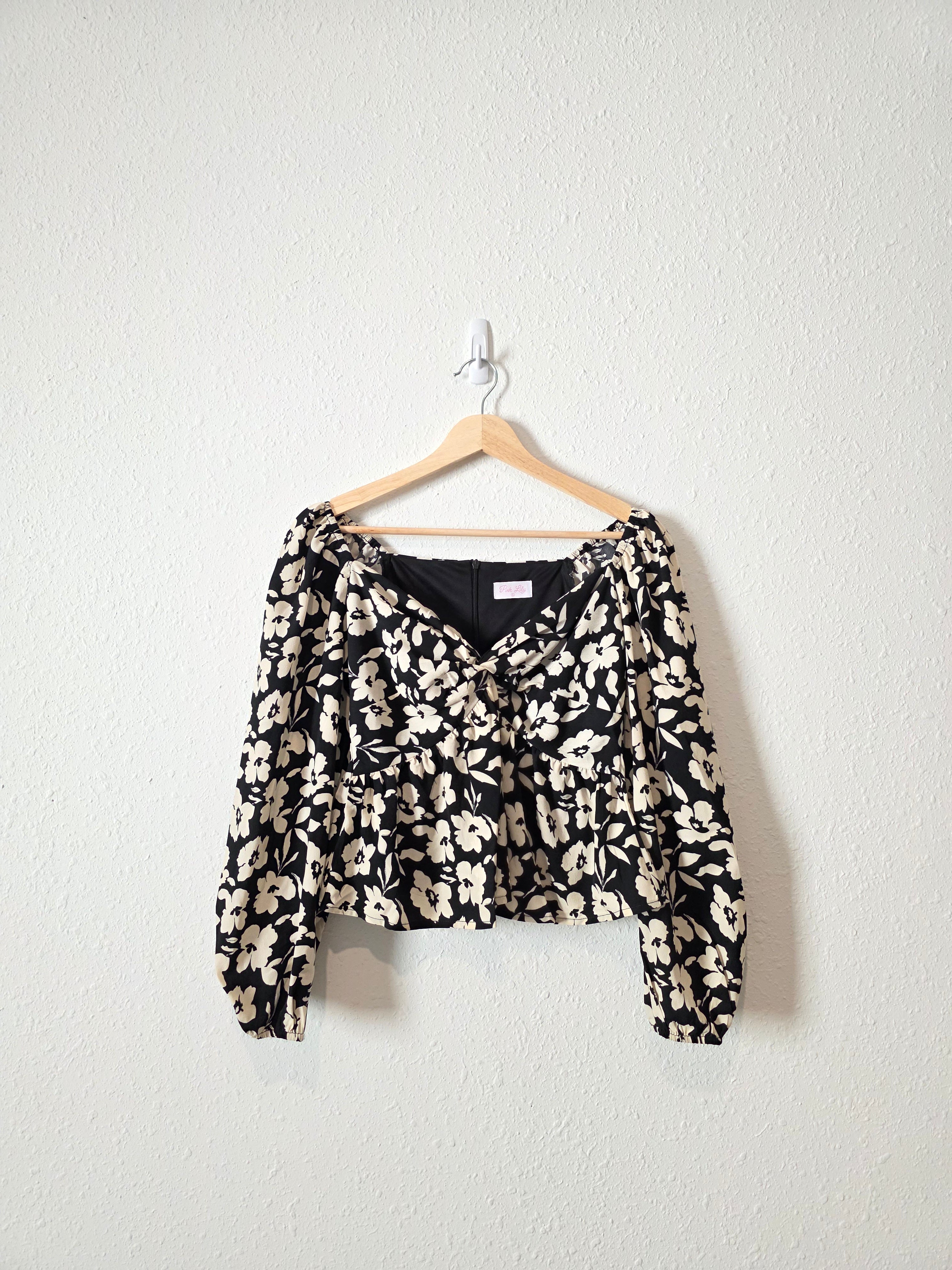 Pink Lily Floral Puff Sleeve Top (S)