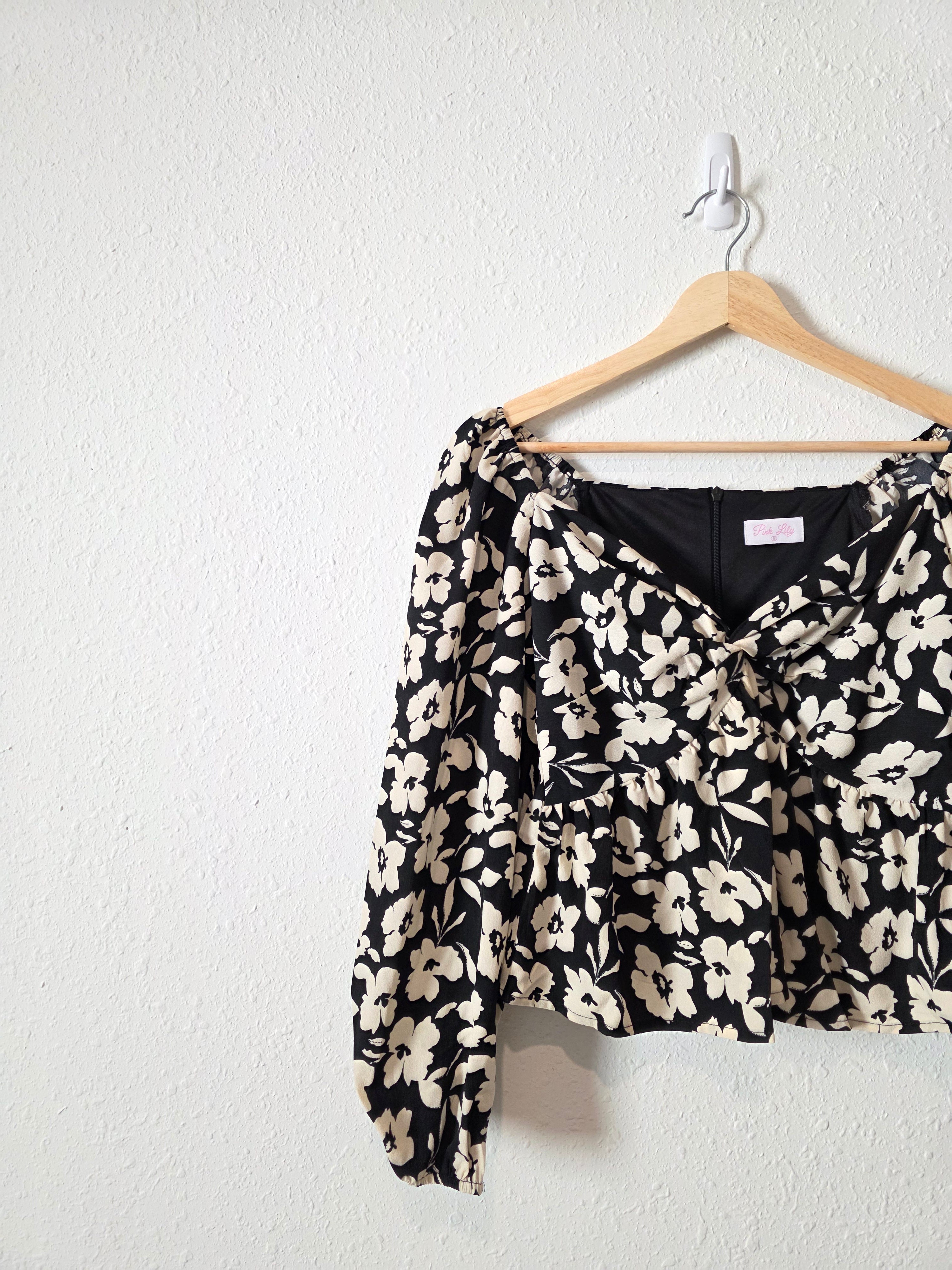 Pink Lily Floral Puff Sleeve Top (S)