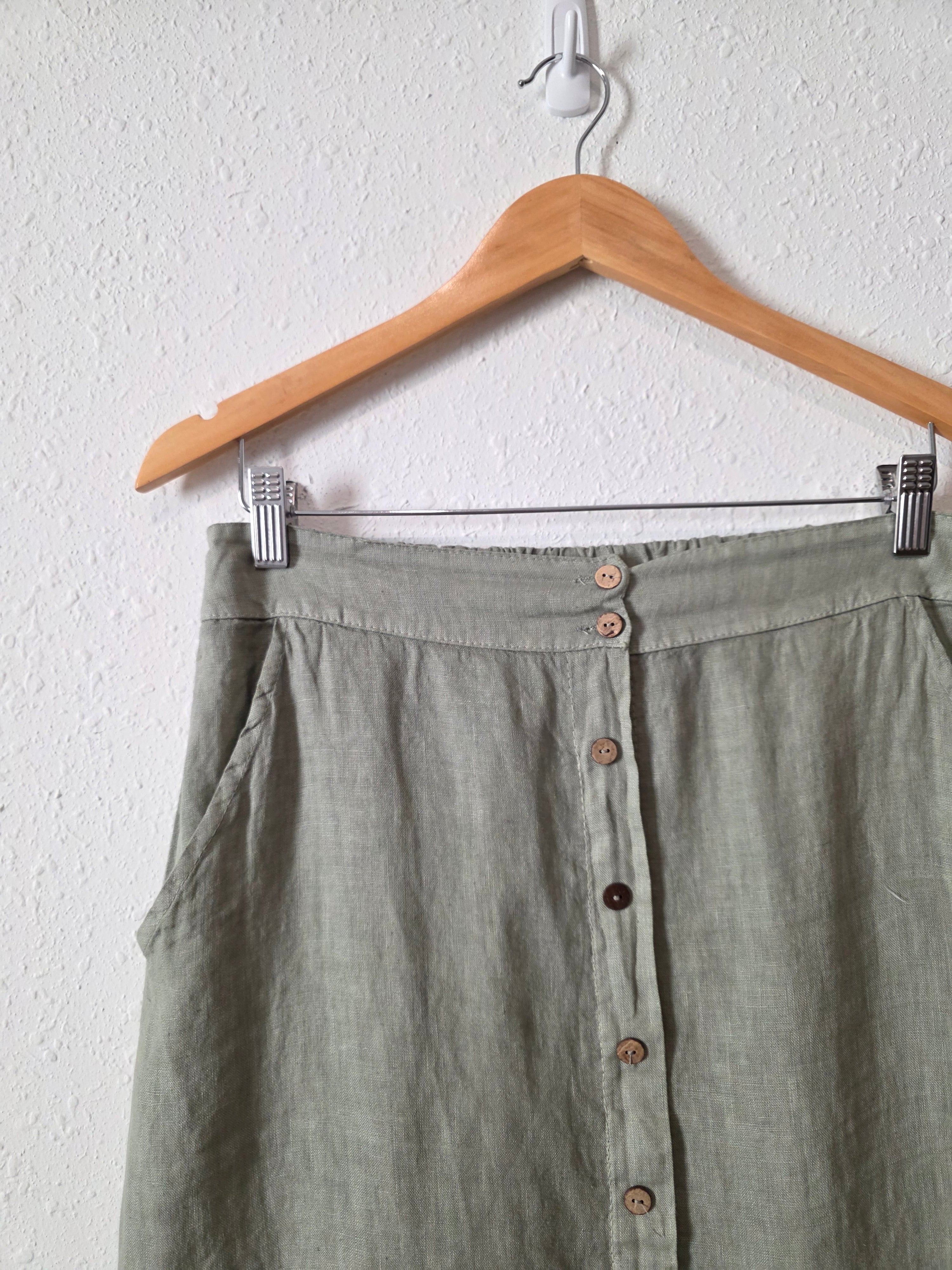 Green Linen Midi Skirt (M)