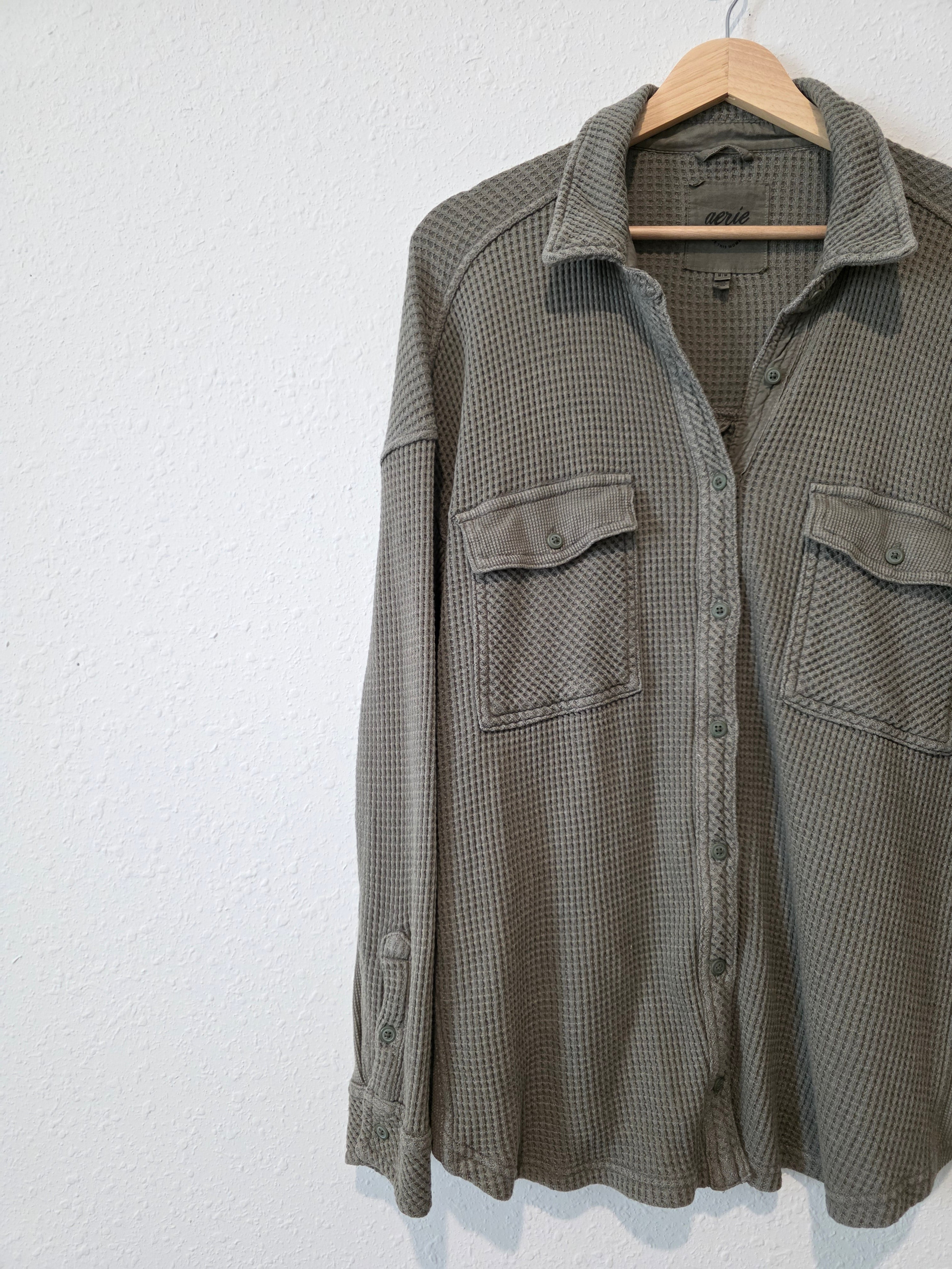 Aerie Olive Waffle Button Up (M)