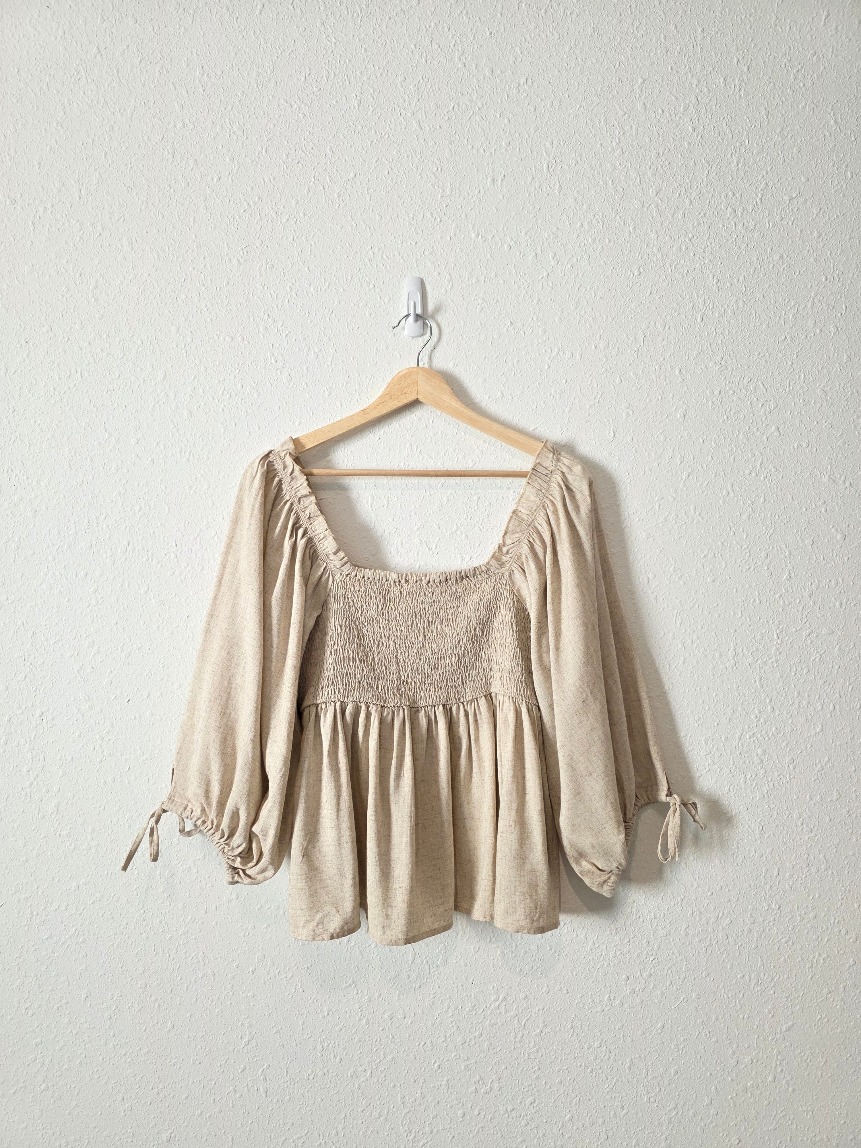 Oat Linen Blend Smocked Top (S)