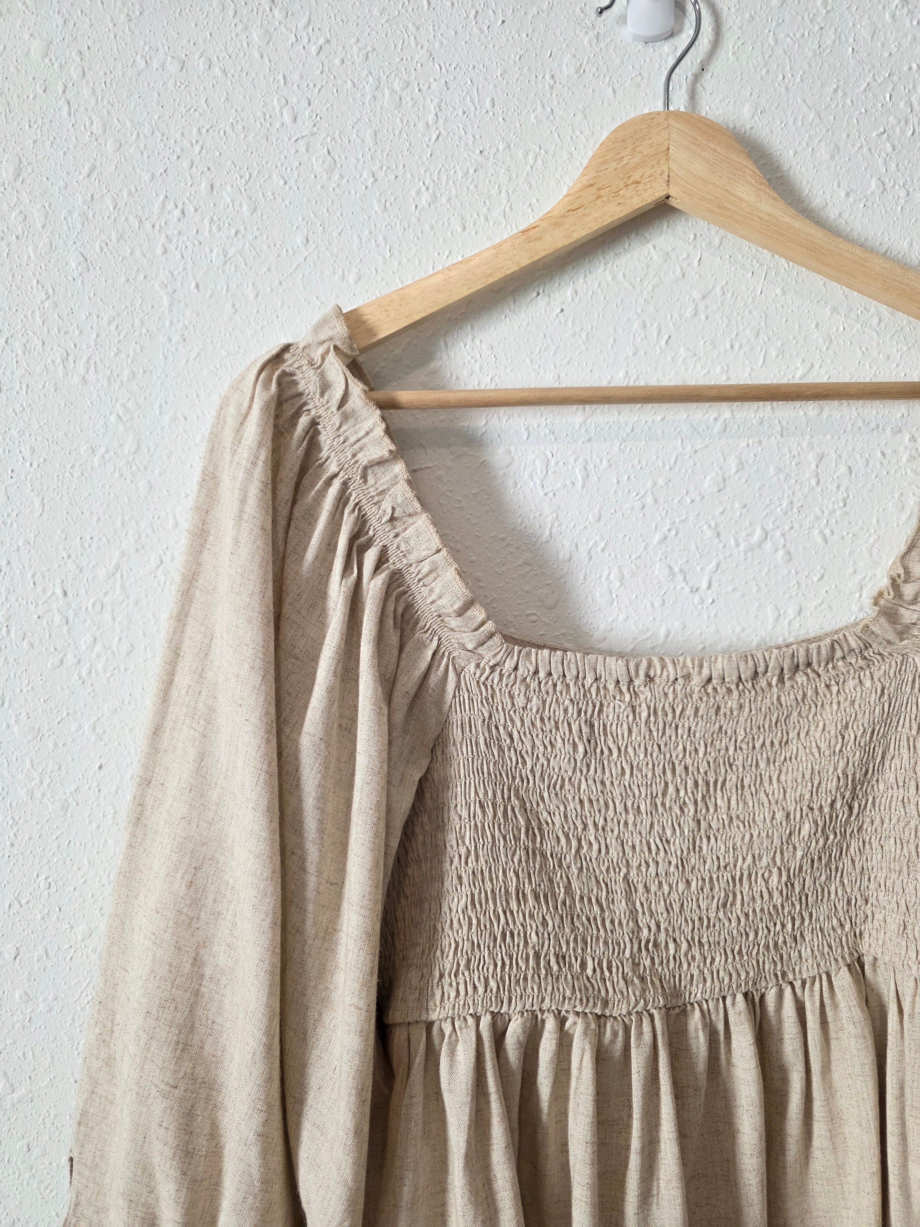 Oat Linen Blend Smocked Top (S)