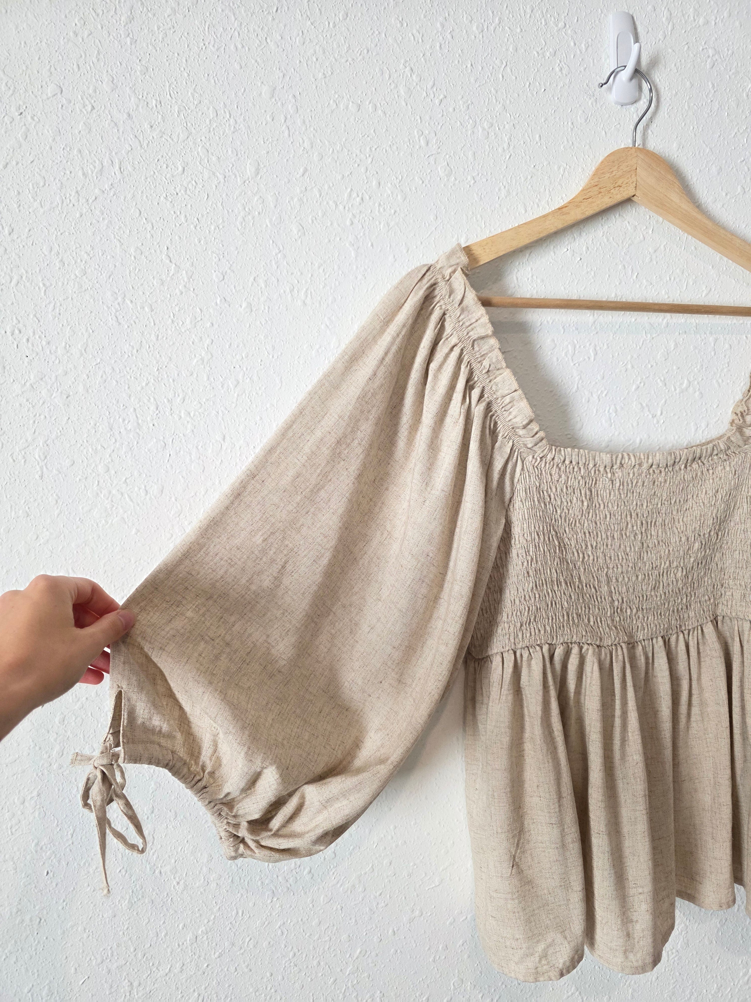 Oat Linen Blend Smocked Top (S)