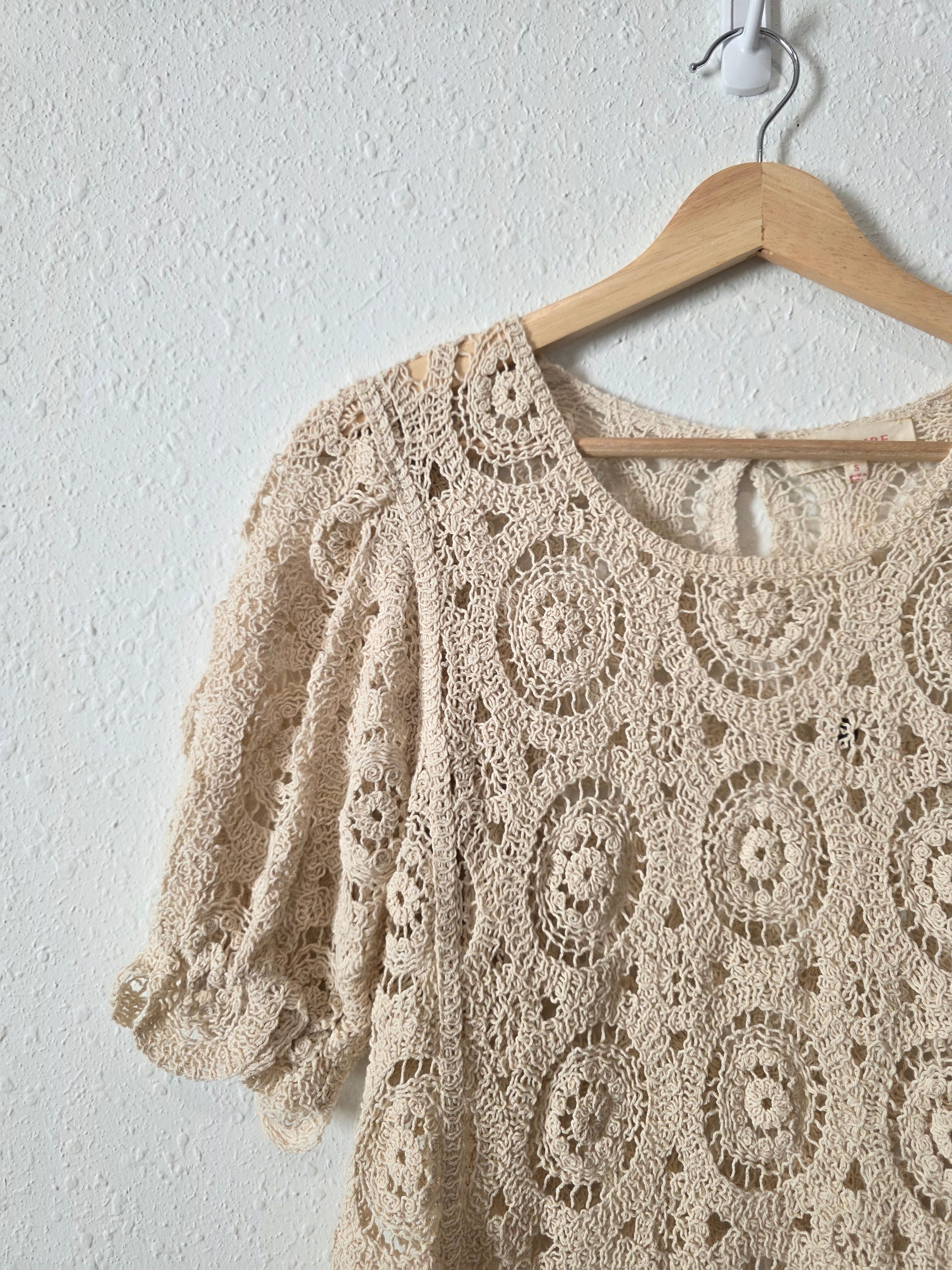 Crochet Knit Puff Sleeve Top (S)