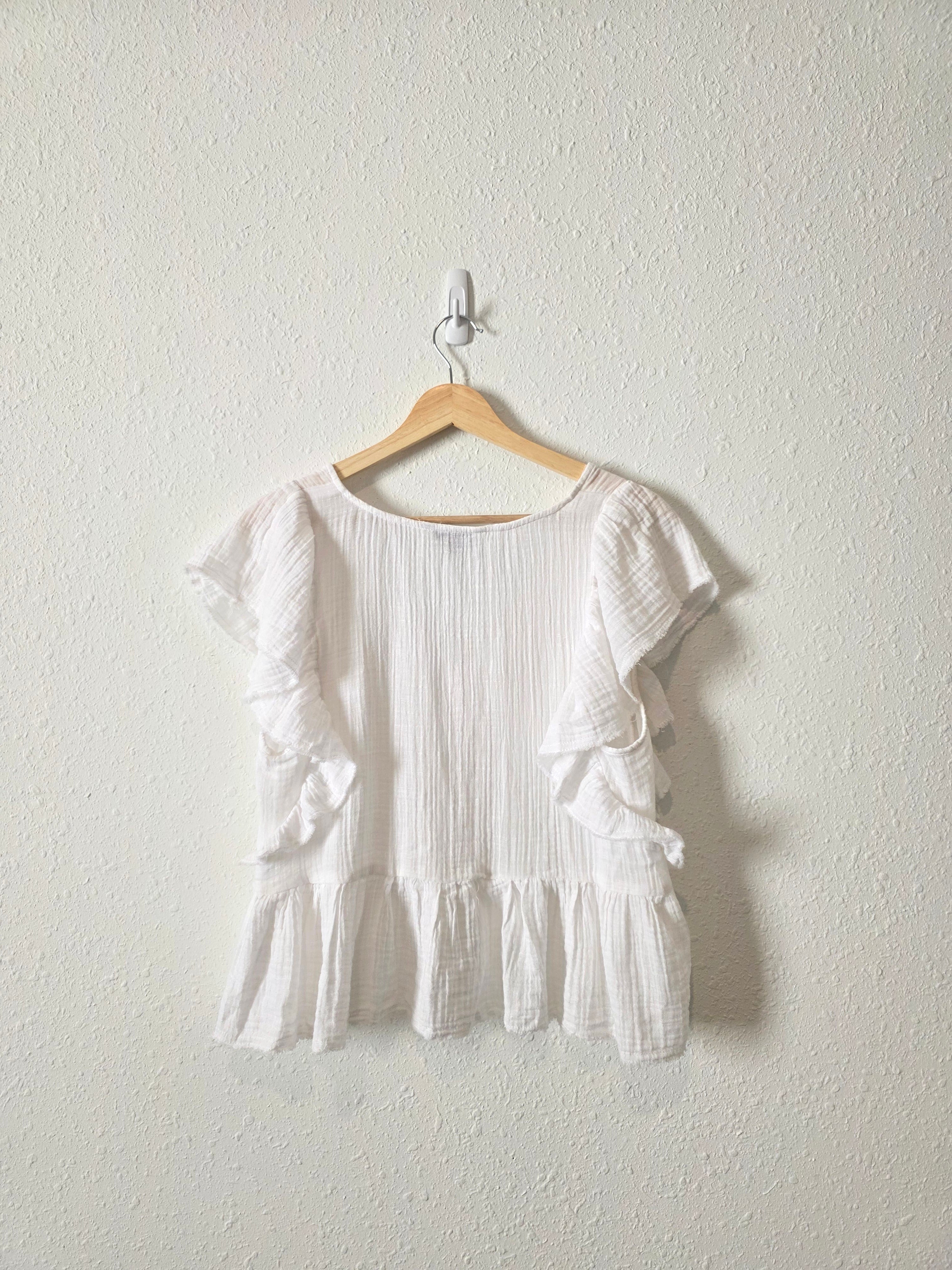 White Cotton Gauze Ruffle Top (M)