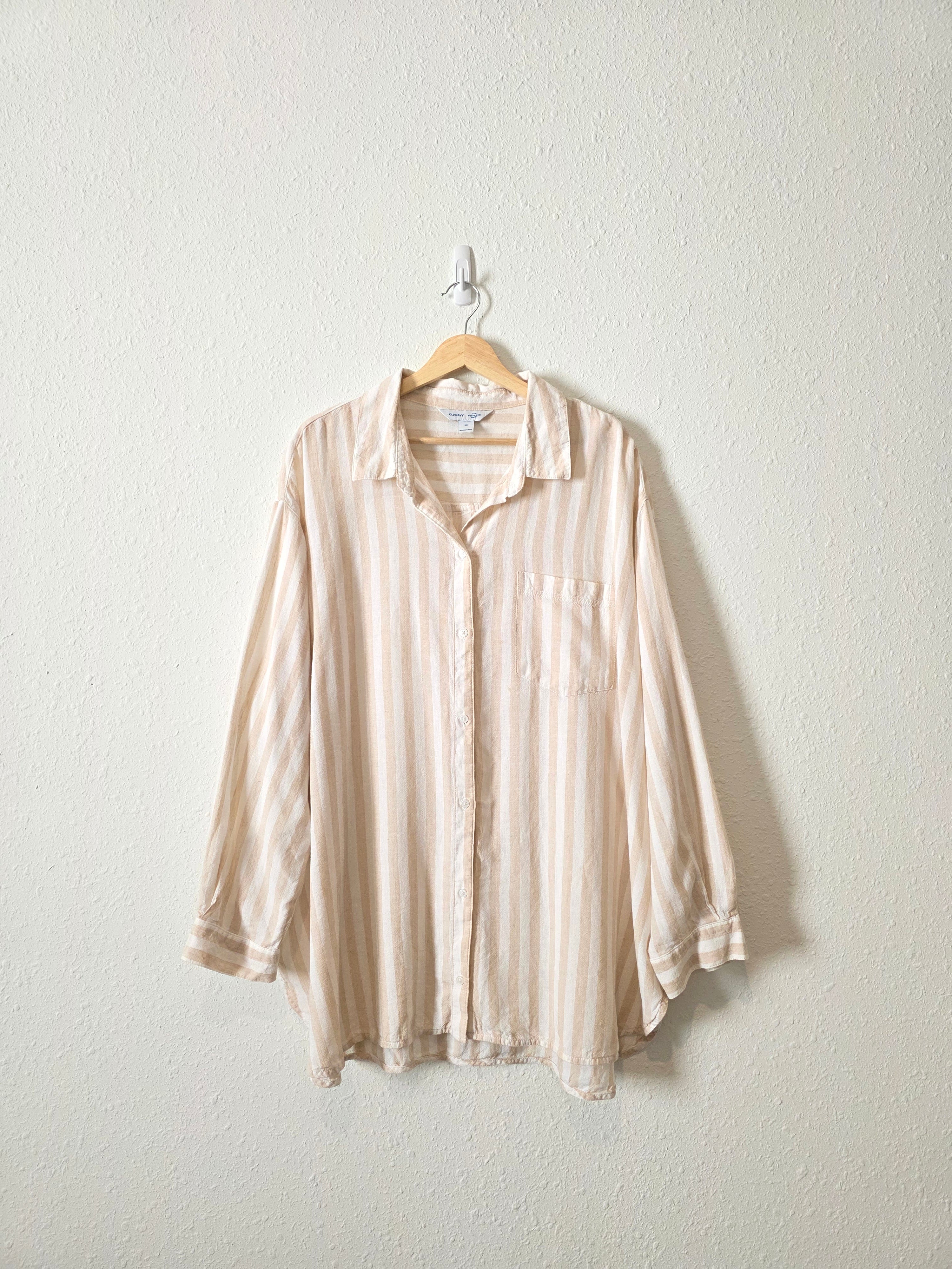Neutral Striped Linen Blend Button Up (2X)
