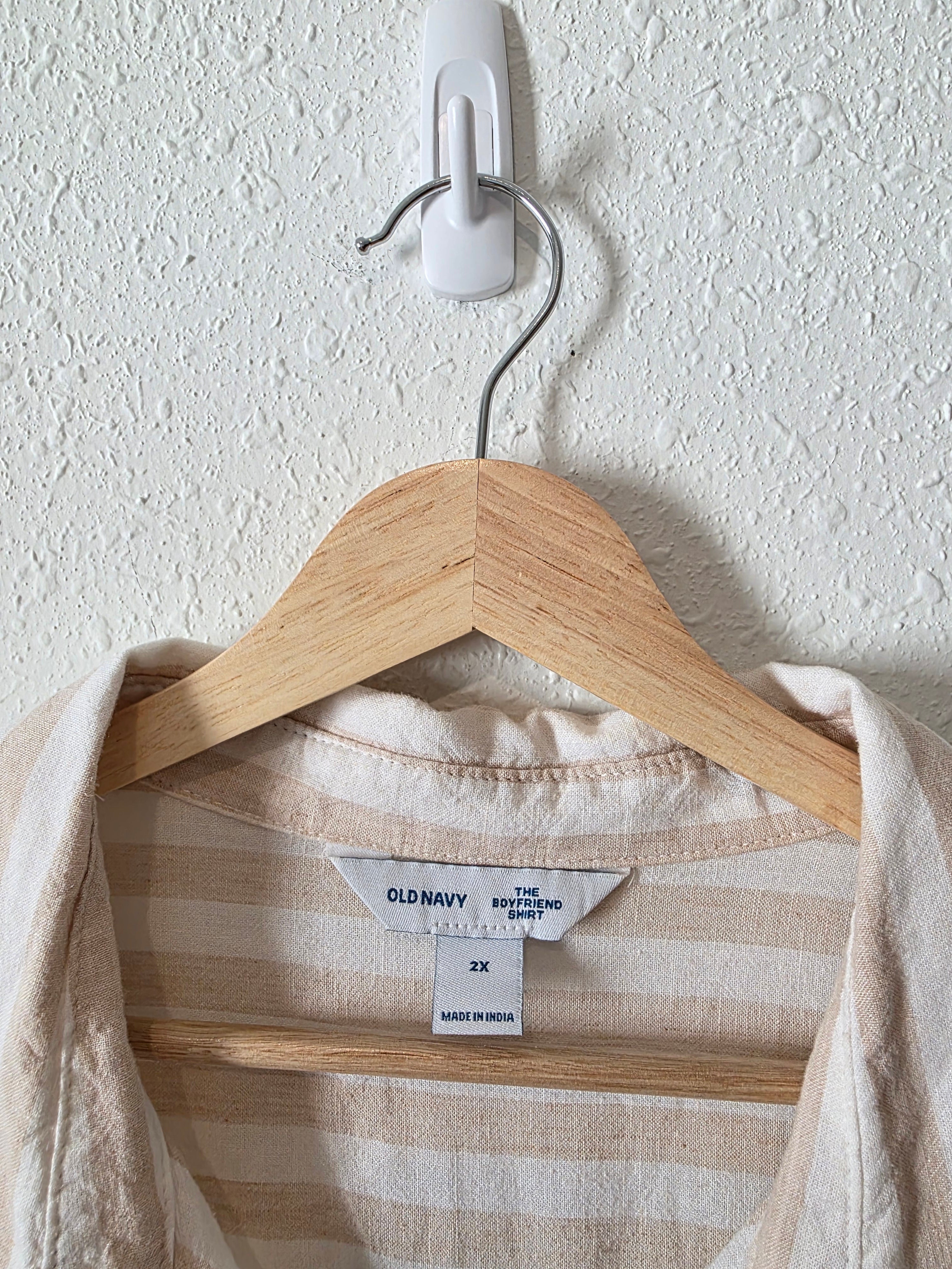Neutral Striped Linen Blend Button Up (2X)