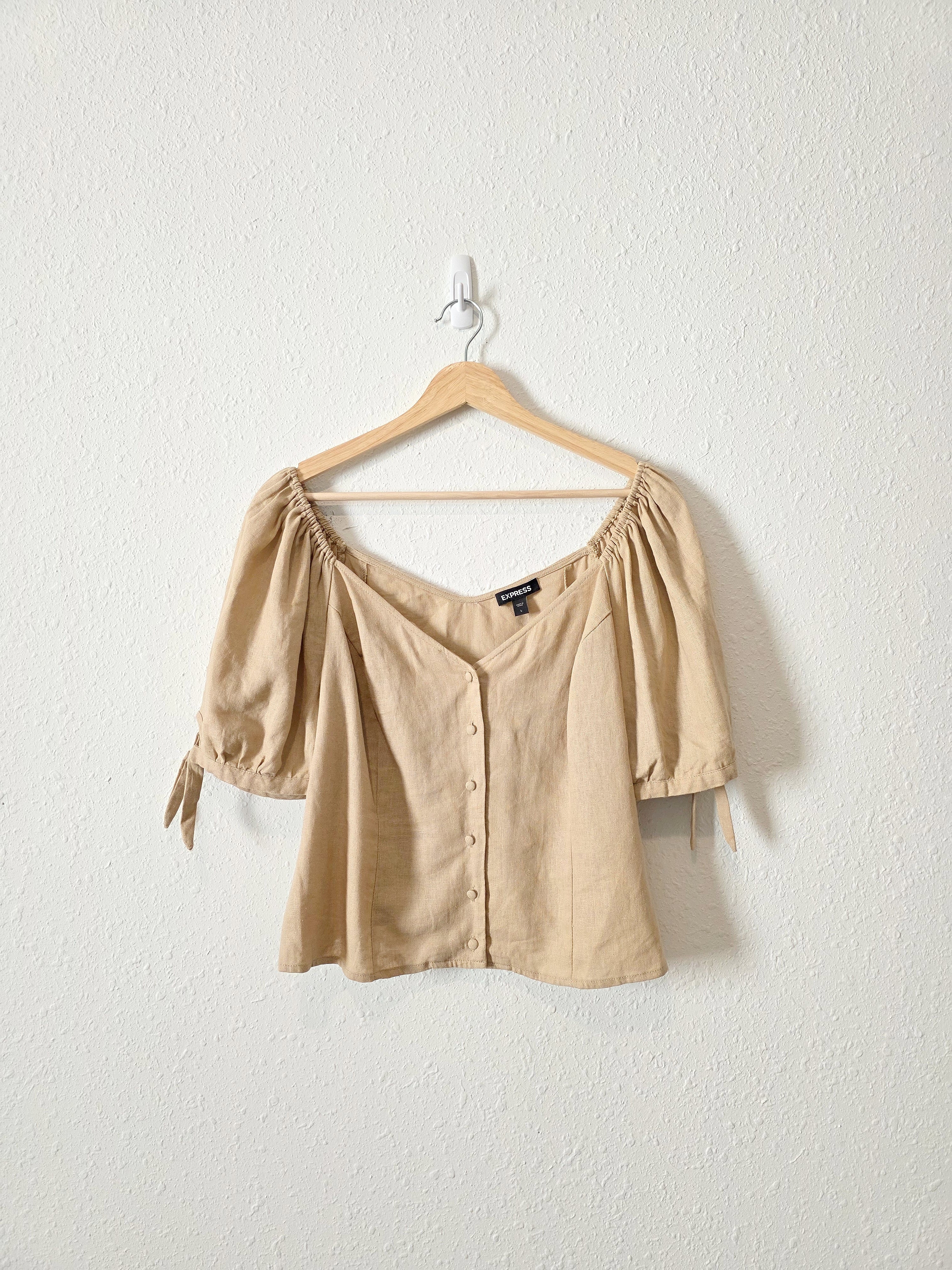 Linen Blend Puff Sleeve Blouse (L)