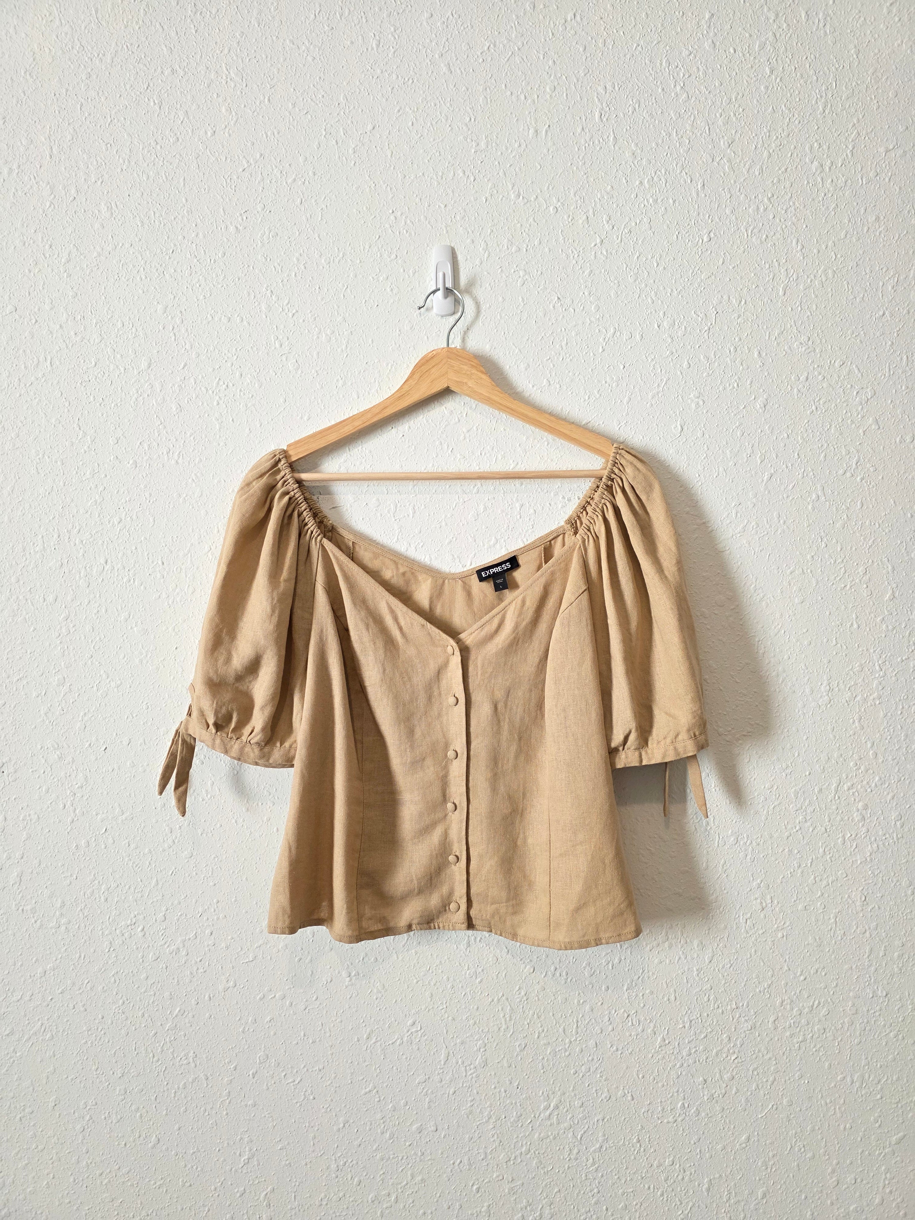 Linen Blend Puff Sleeve Blouse (L)