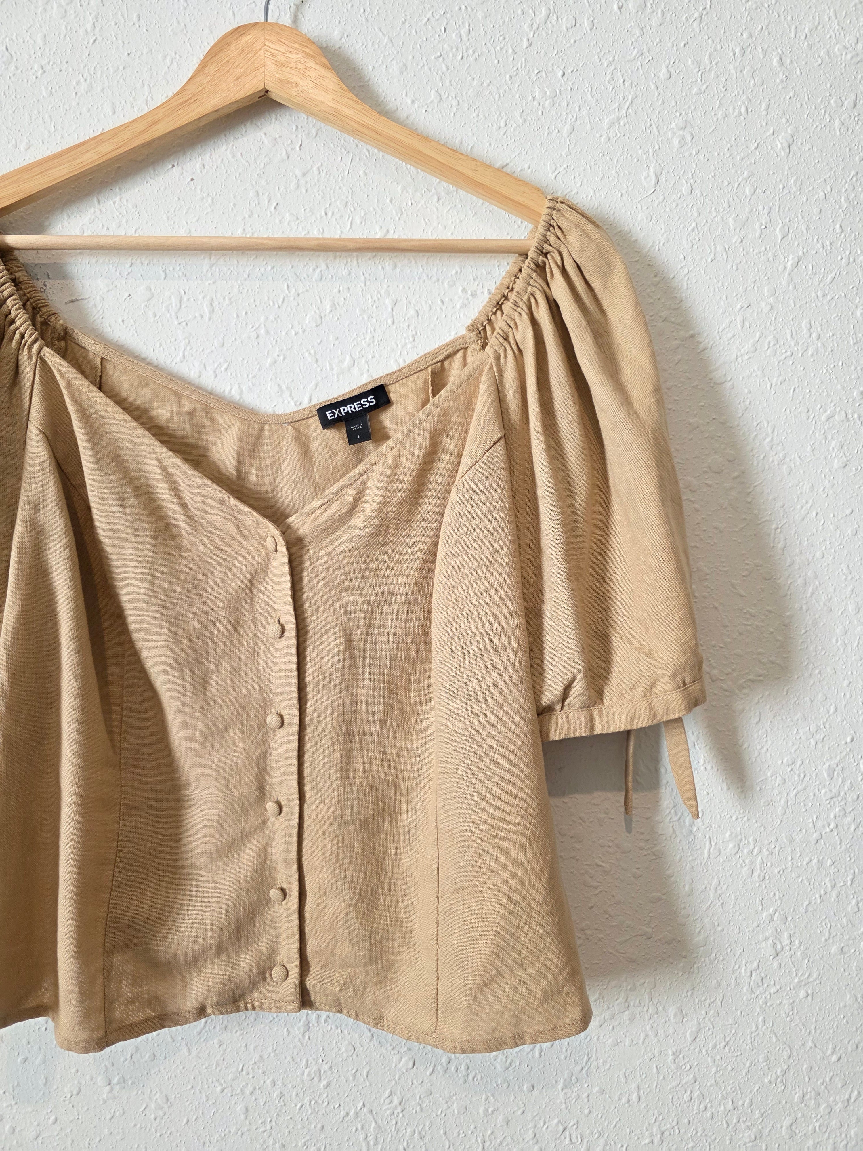 Linen Blend Puff Sleeve Blouse (L)
