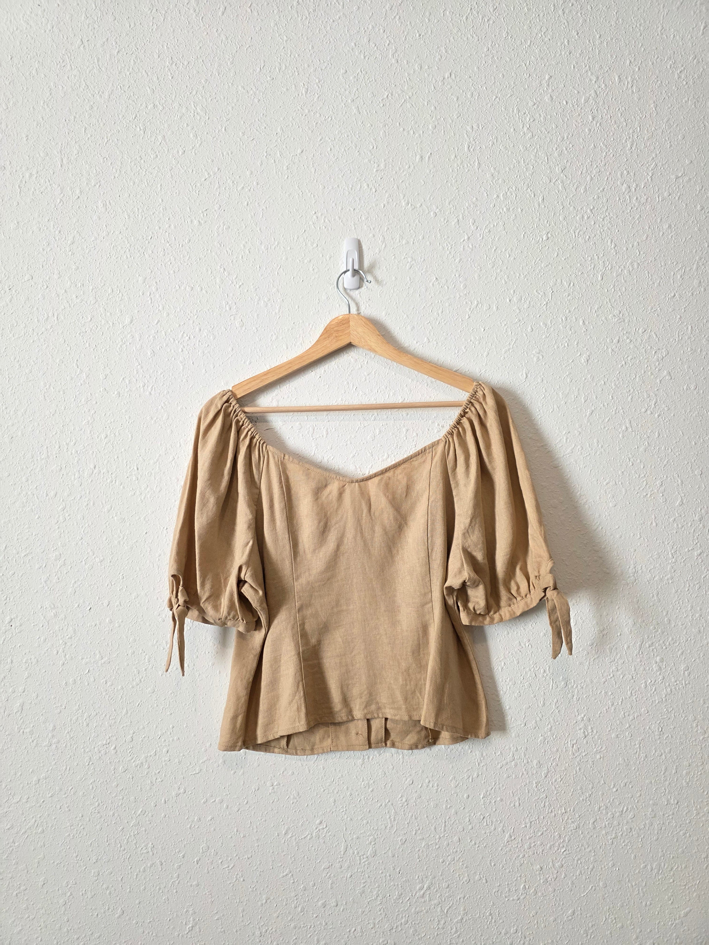 Linen Blend Puff Sleeve Blouse (L)