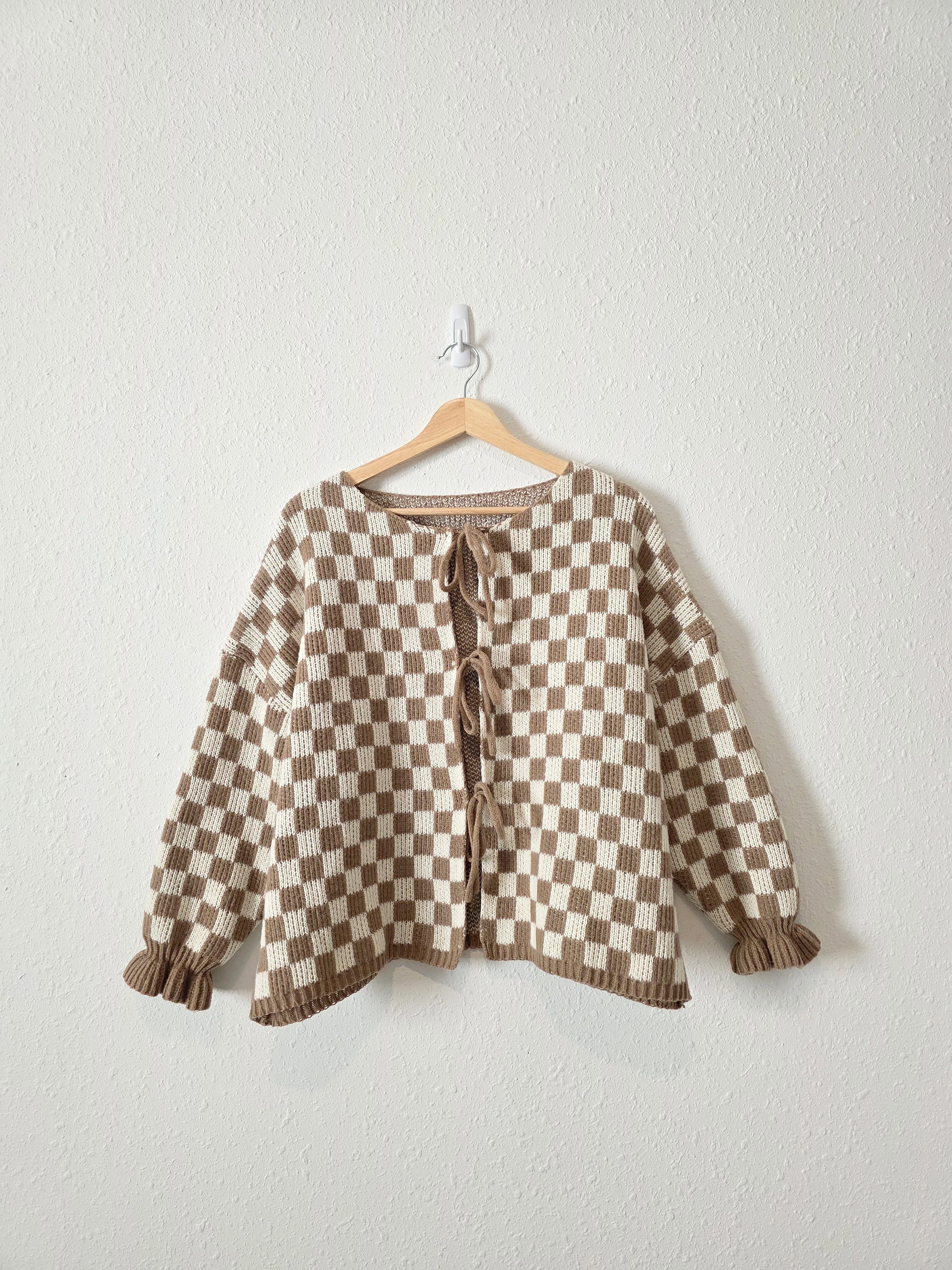 Brown Checkered Tie Front Sweater (XL)