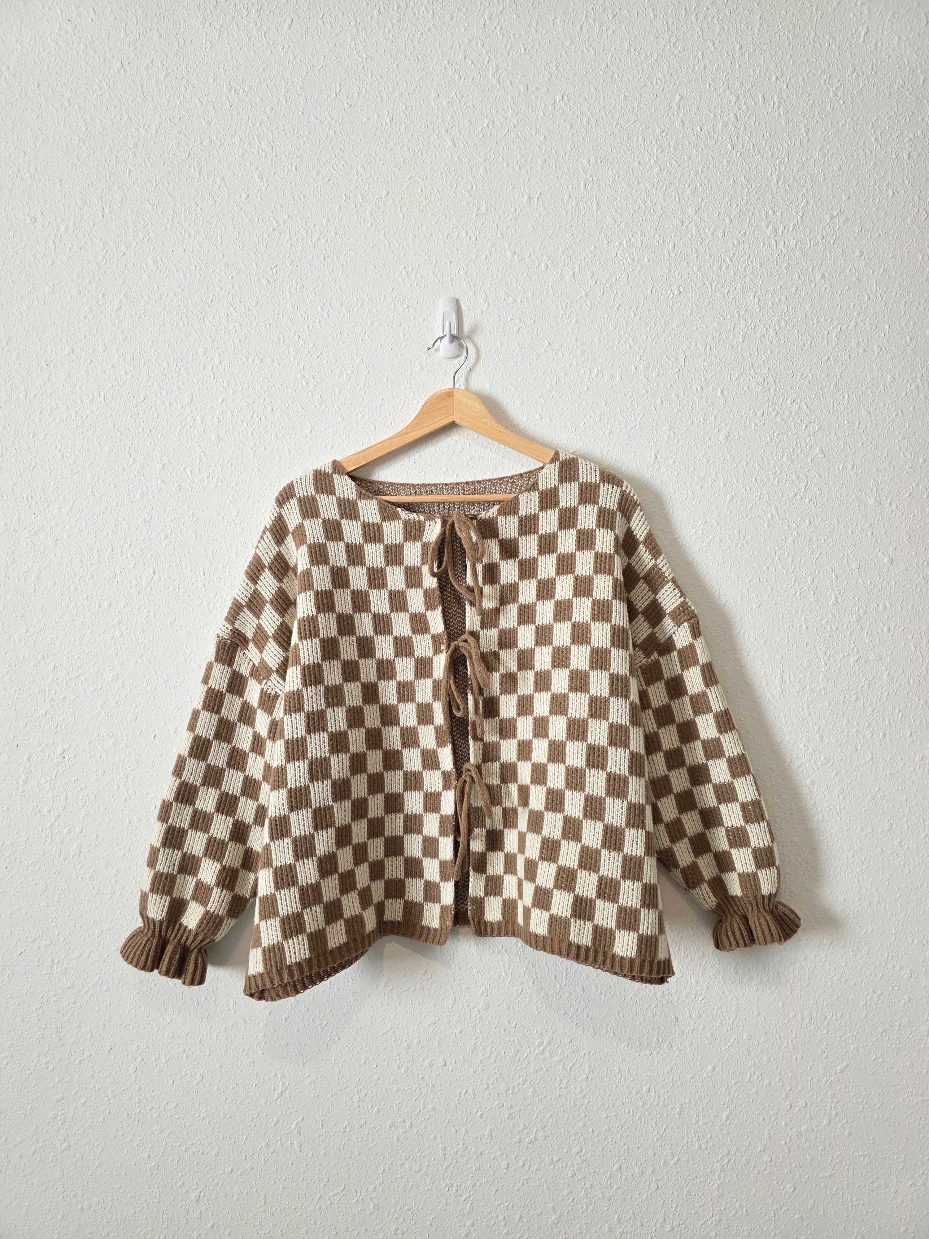 Brown Checkered Tie Front Sweater (XL)