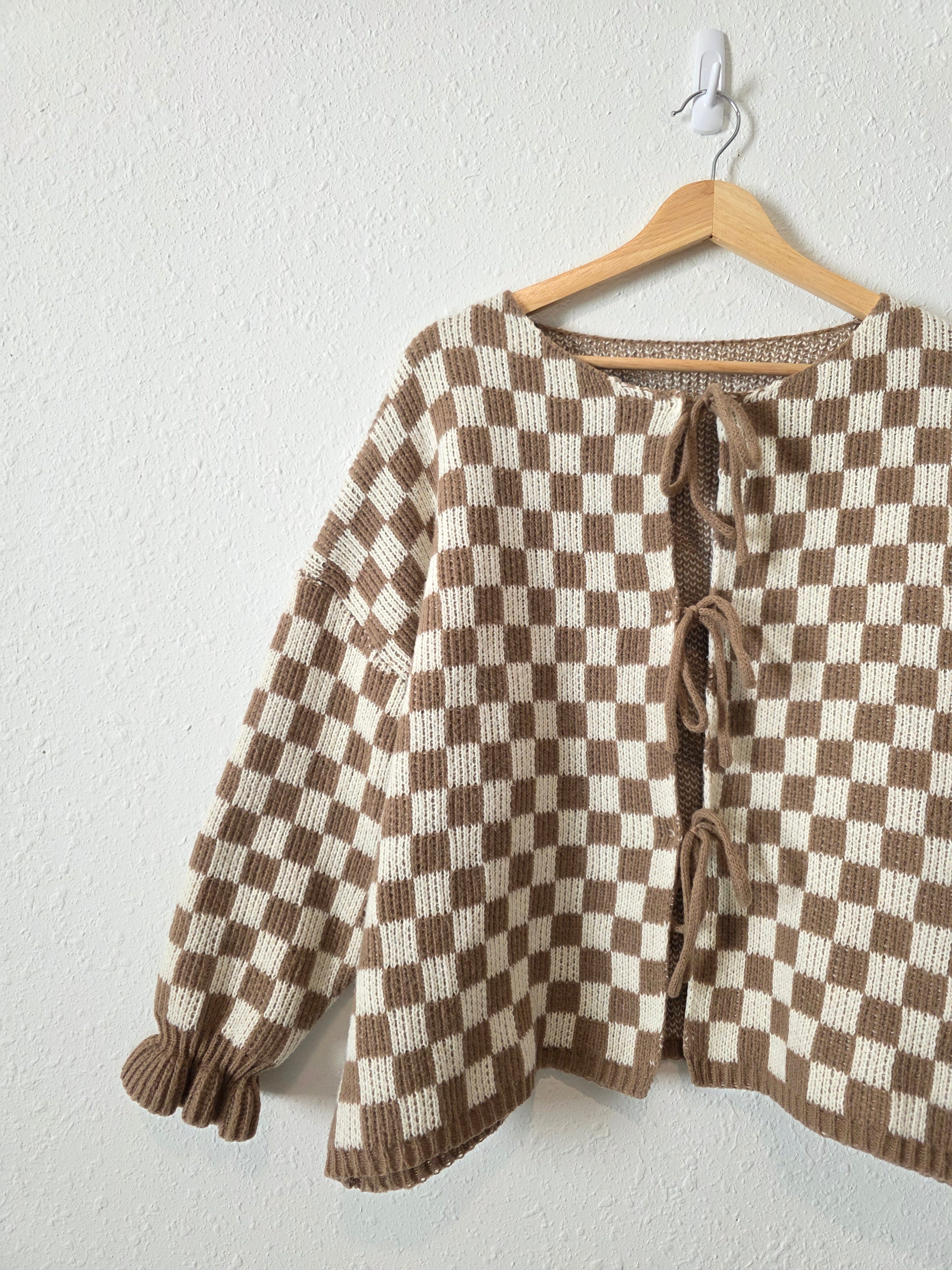 Brown Checkered Tie Front Sweater (XL)