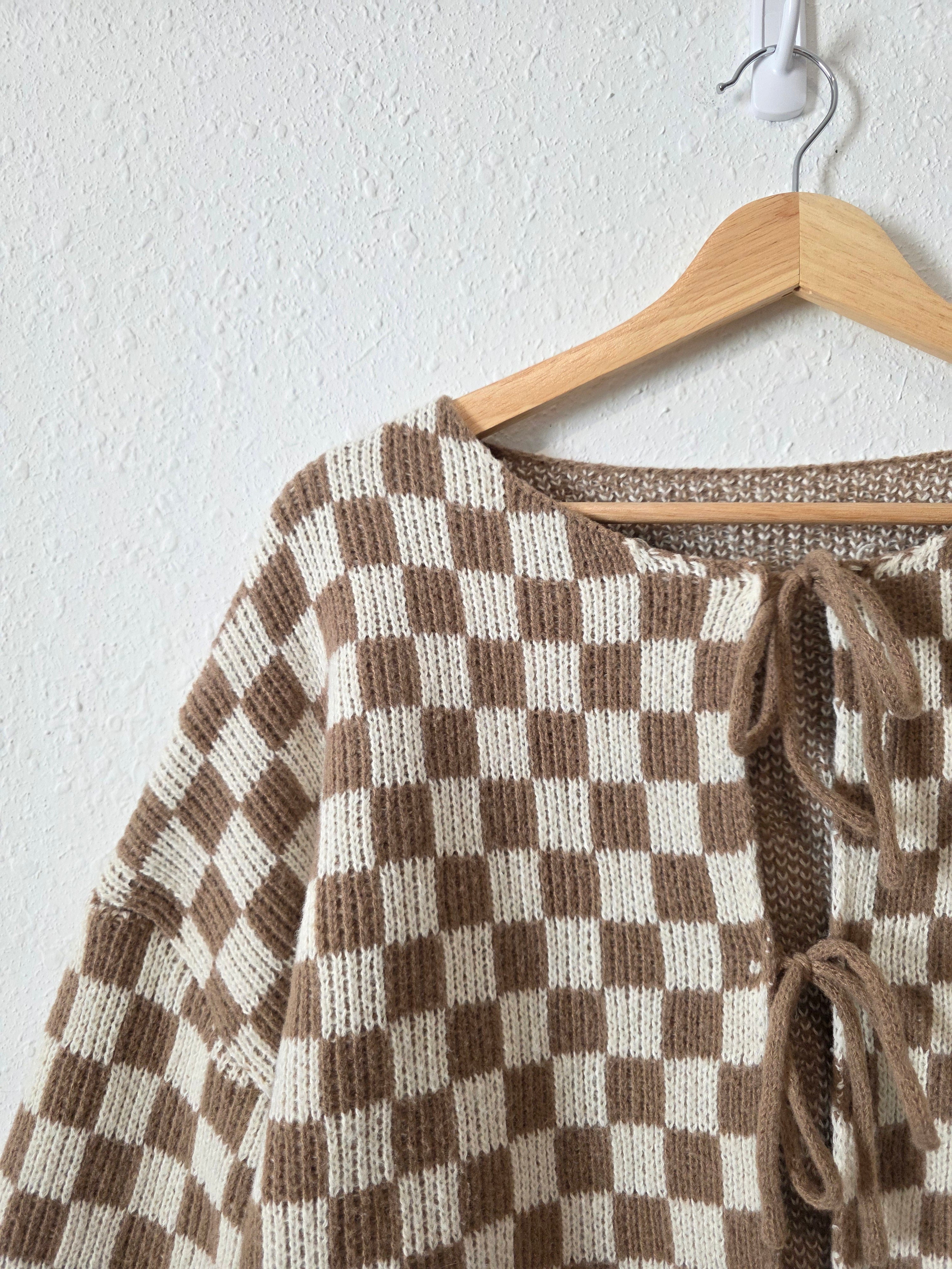 Brown Checkered Tie Front Sweater (XL)