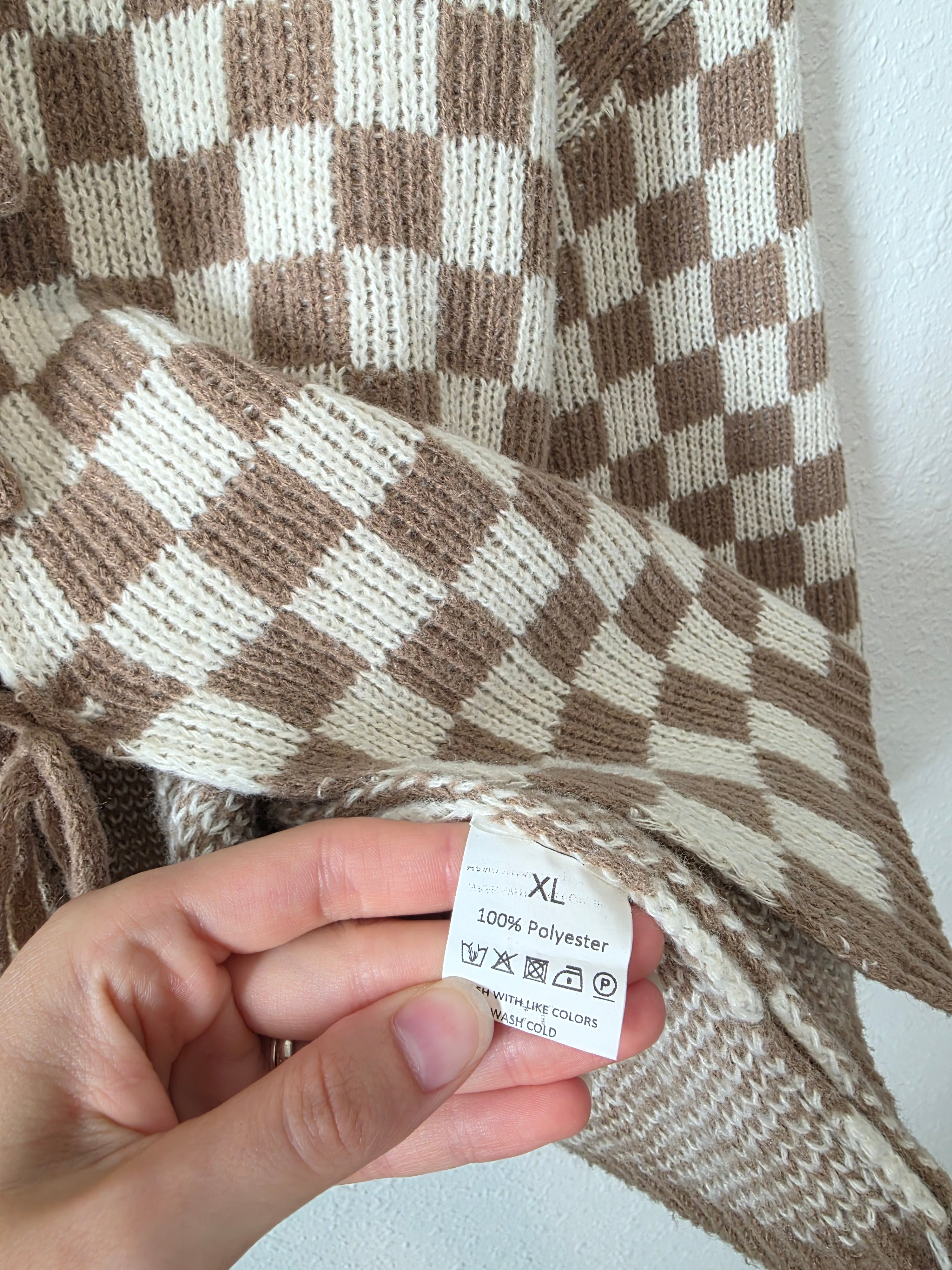 Brown Checkered Tie Front Sweater (XL)