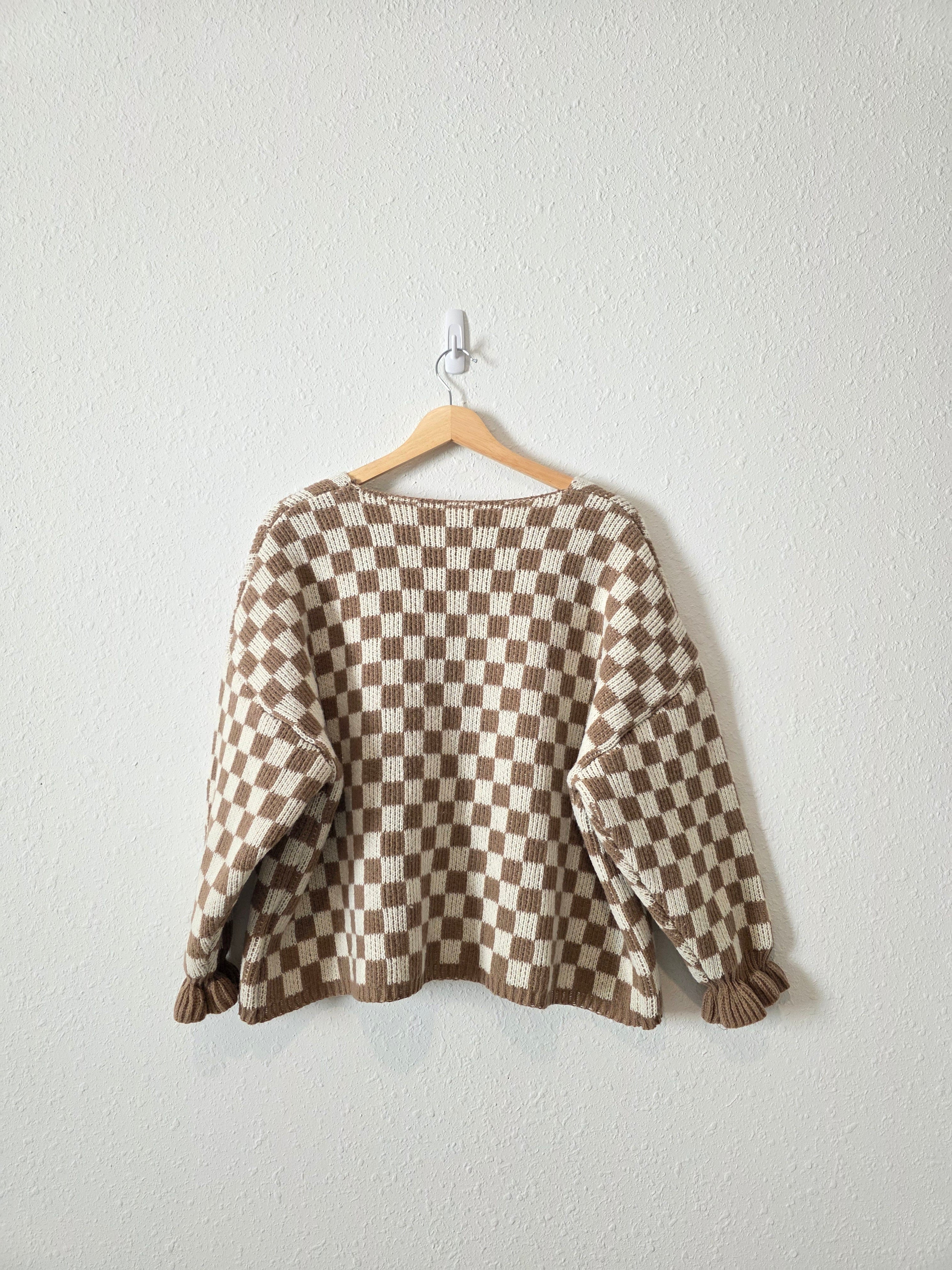 Brown Checkered Tie Front Sweater (XL)