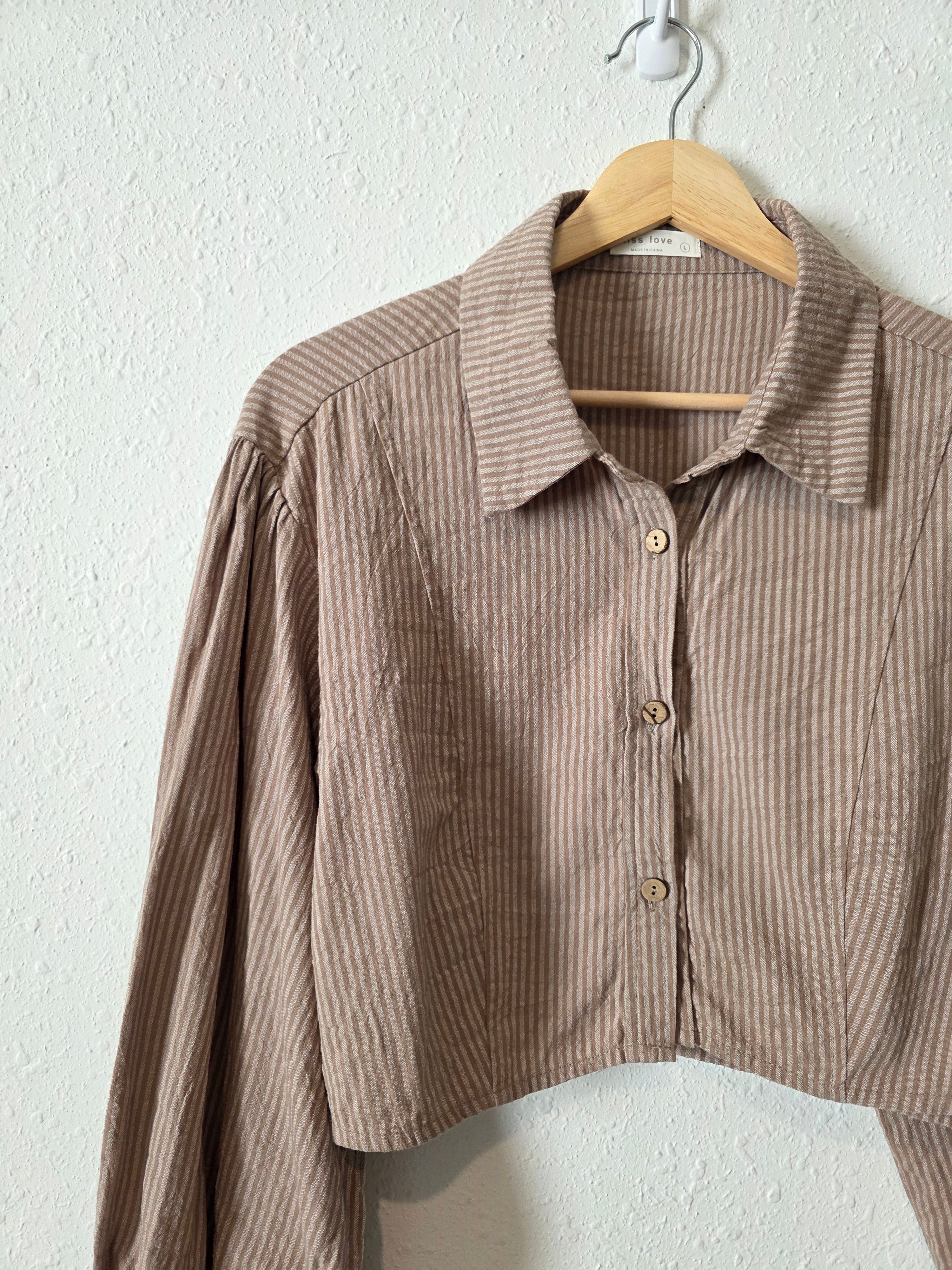 Striped Puff Sleeve Crop Button Up (L)