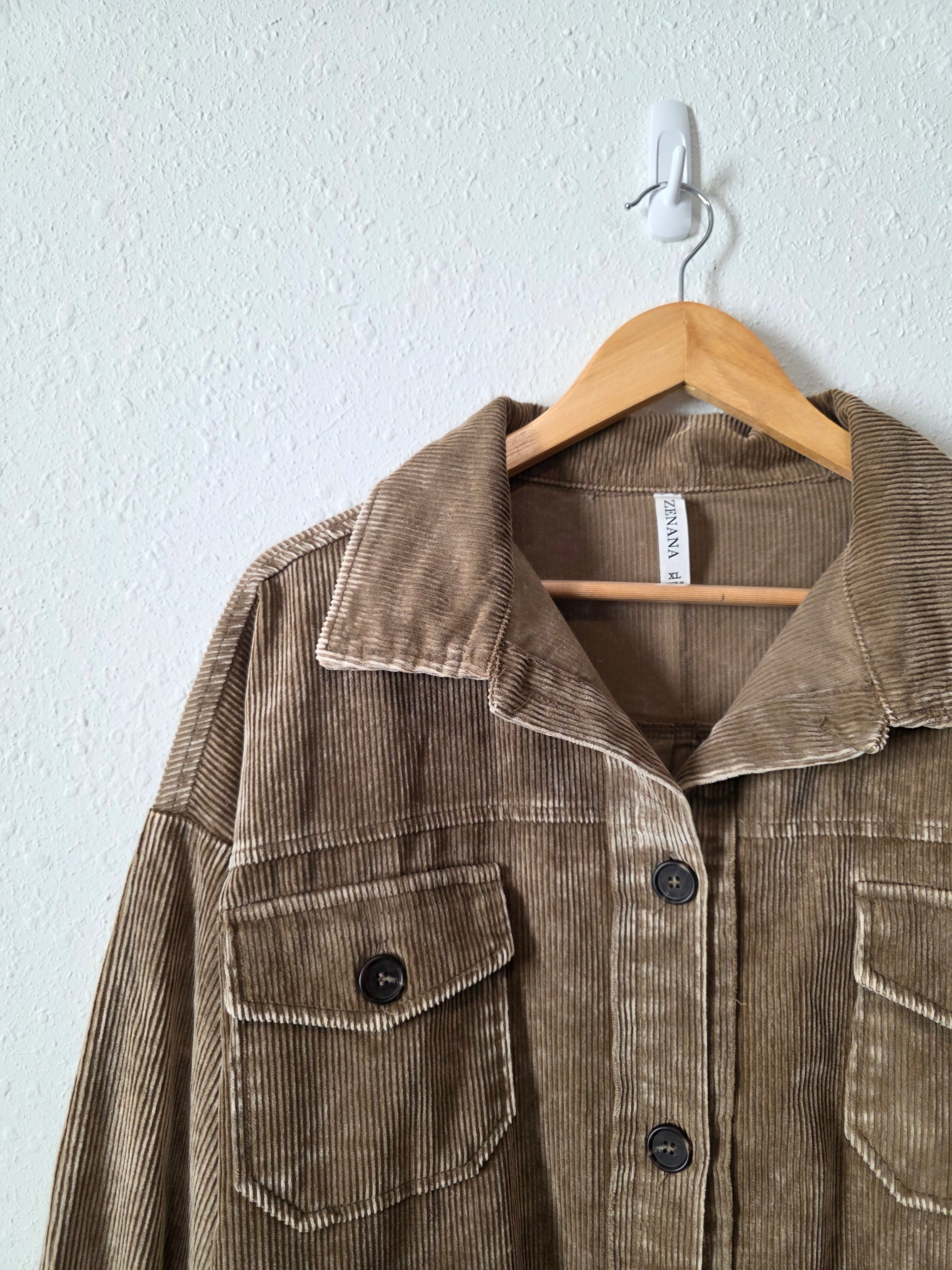 Zenana Brown Cord Shirt Jacket (XL)