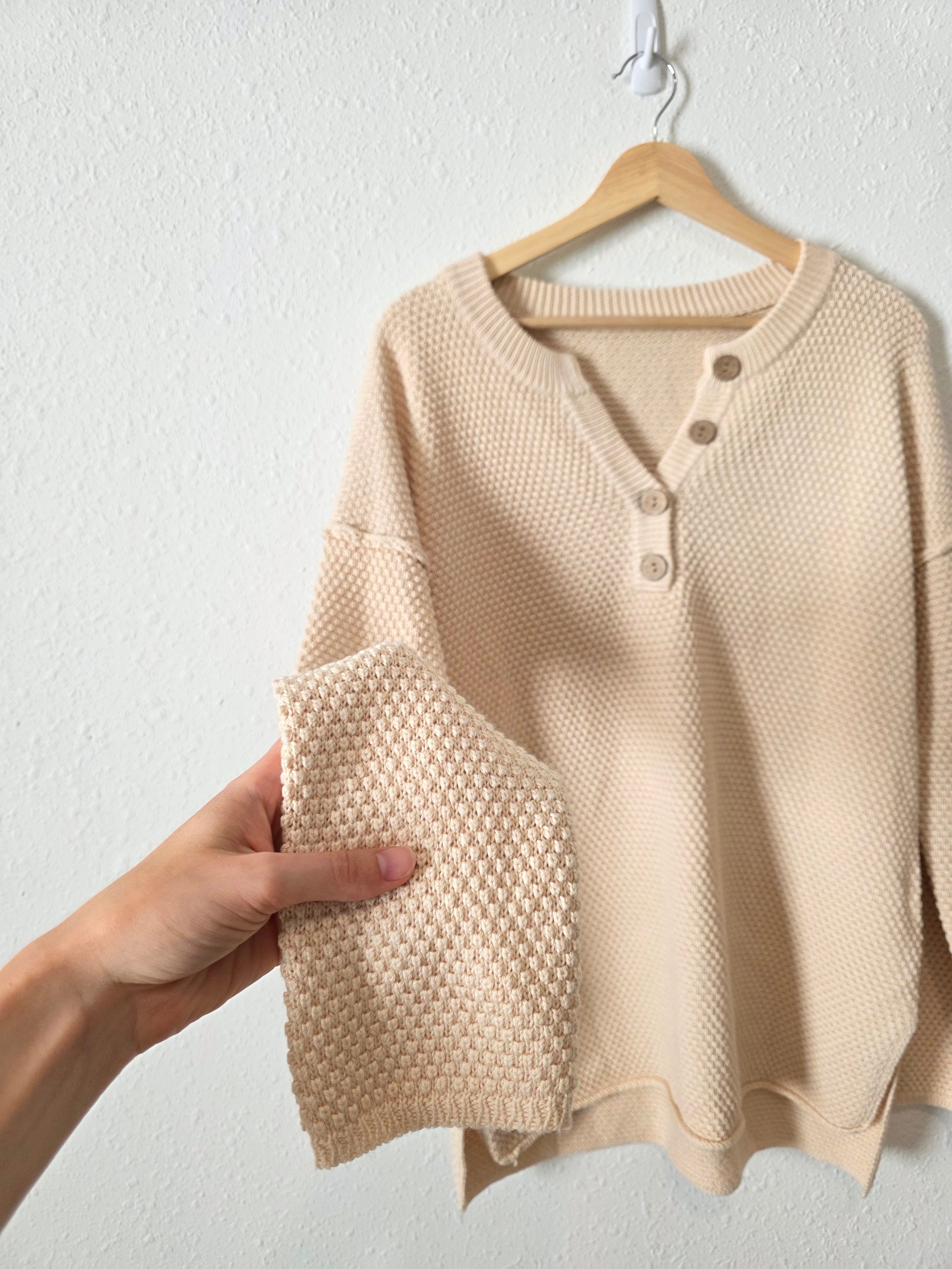 Cream Waffle Henley Sweater (L)