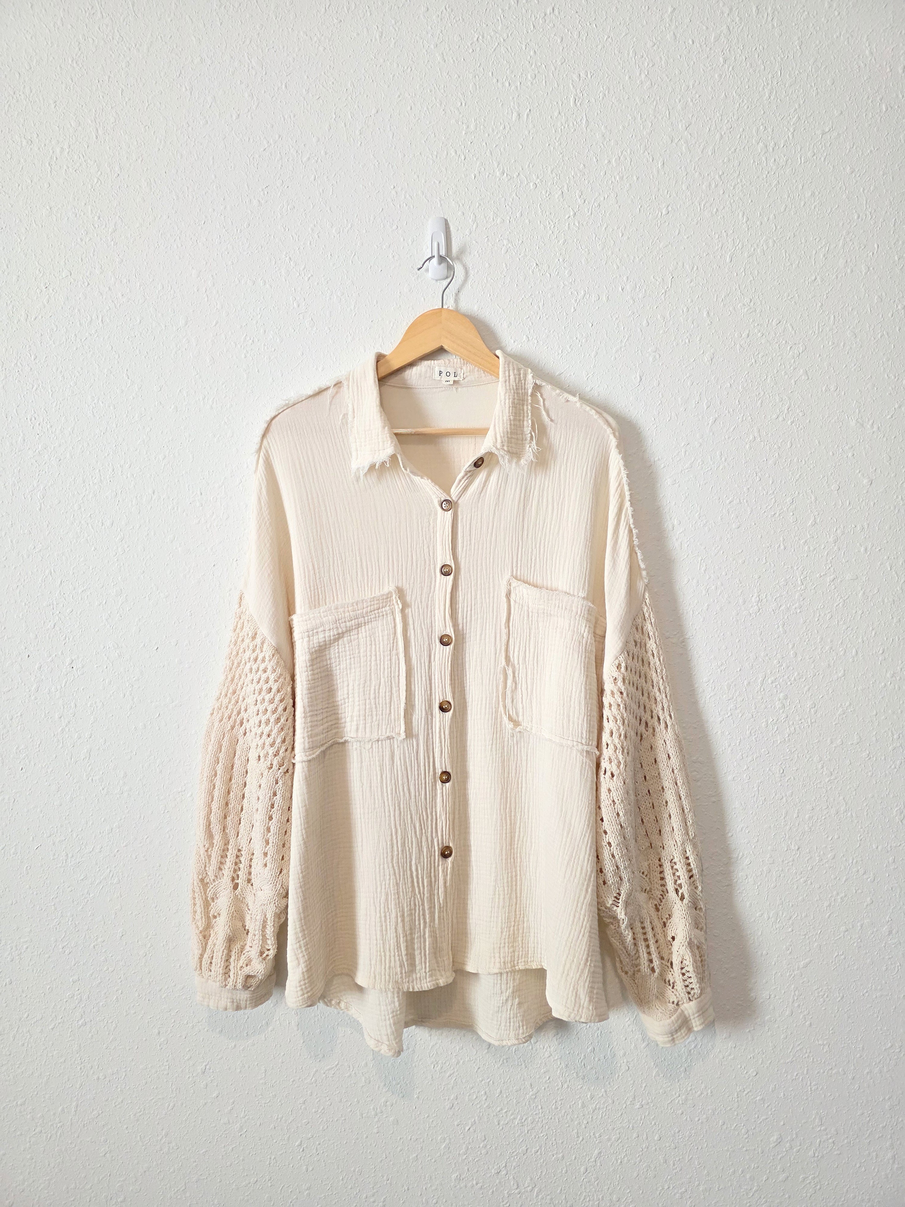 POL Crochet Sleeve Gauze Button Up (M)