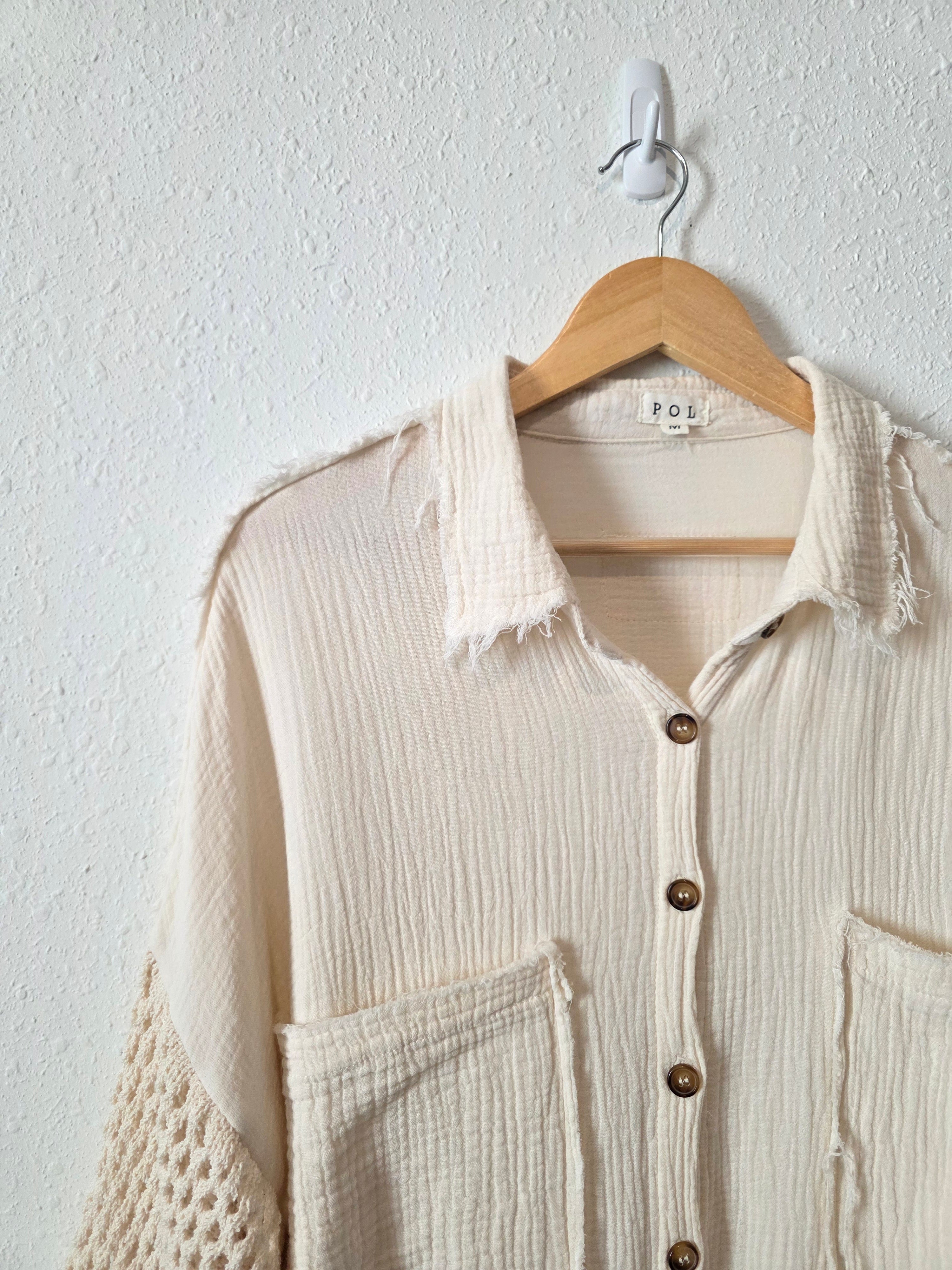 POL Crochet Sleeve Gauze Button Up (M)