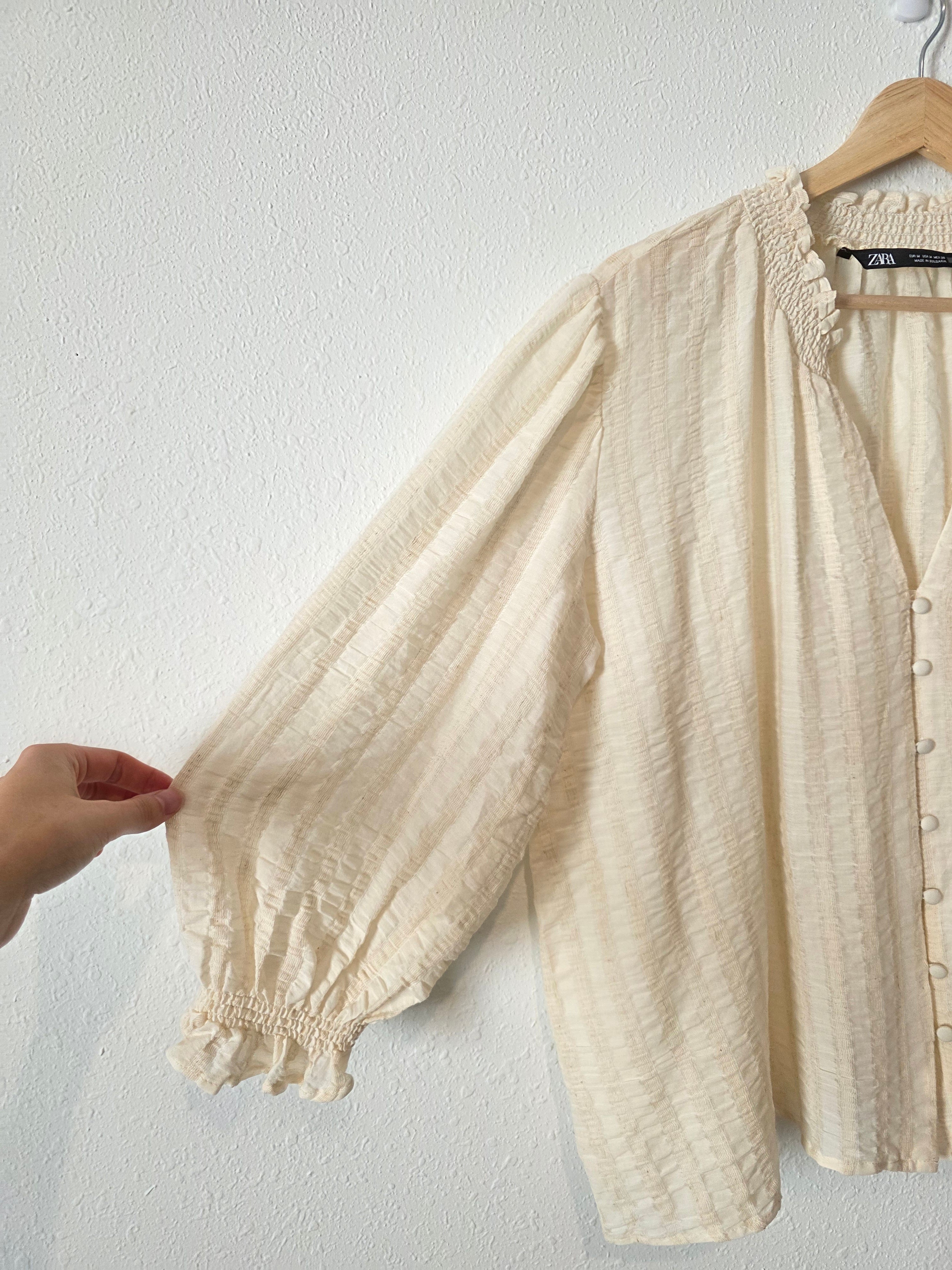 Zara Cotton Linen Puff Sleeve Blouse (M)