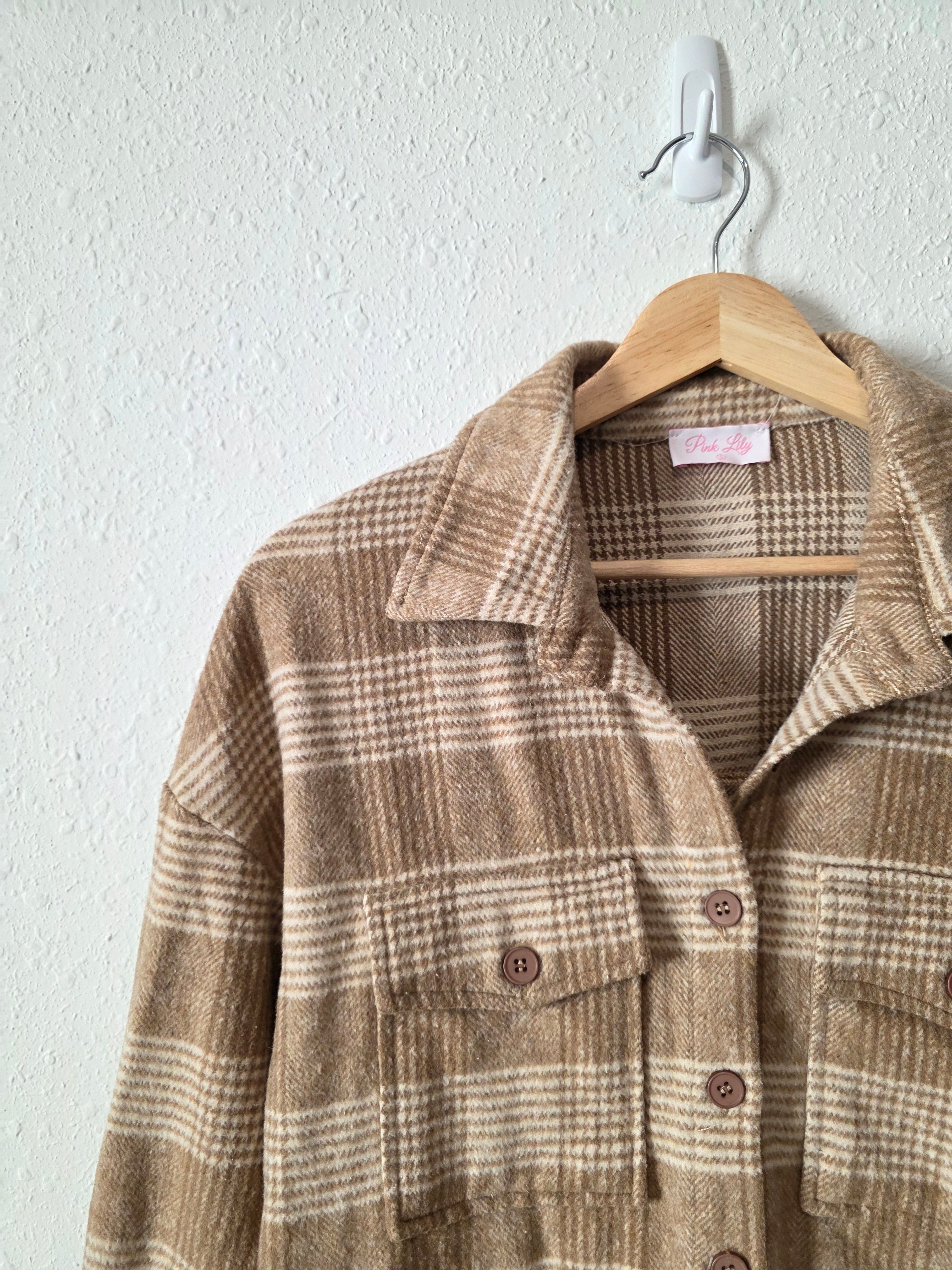 Pink Lily Brown Plaid Shirt Jacket (S)