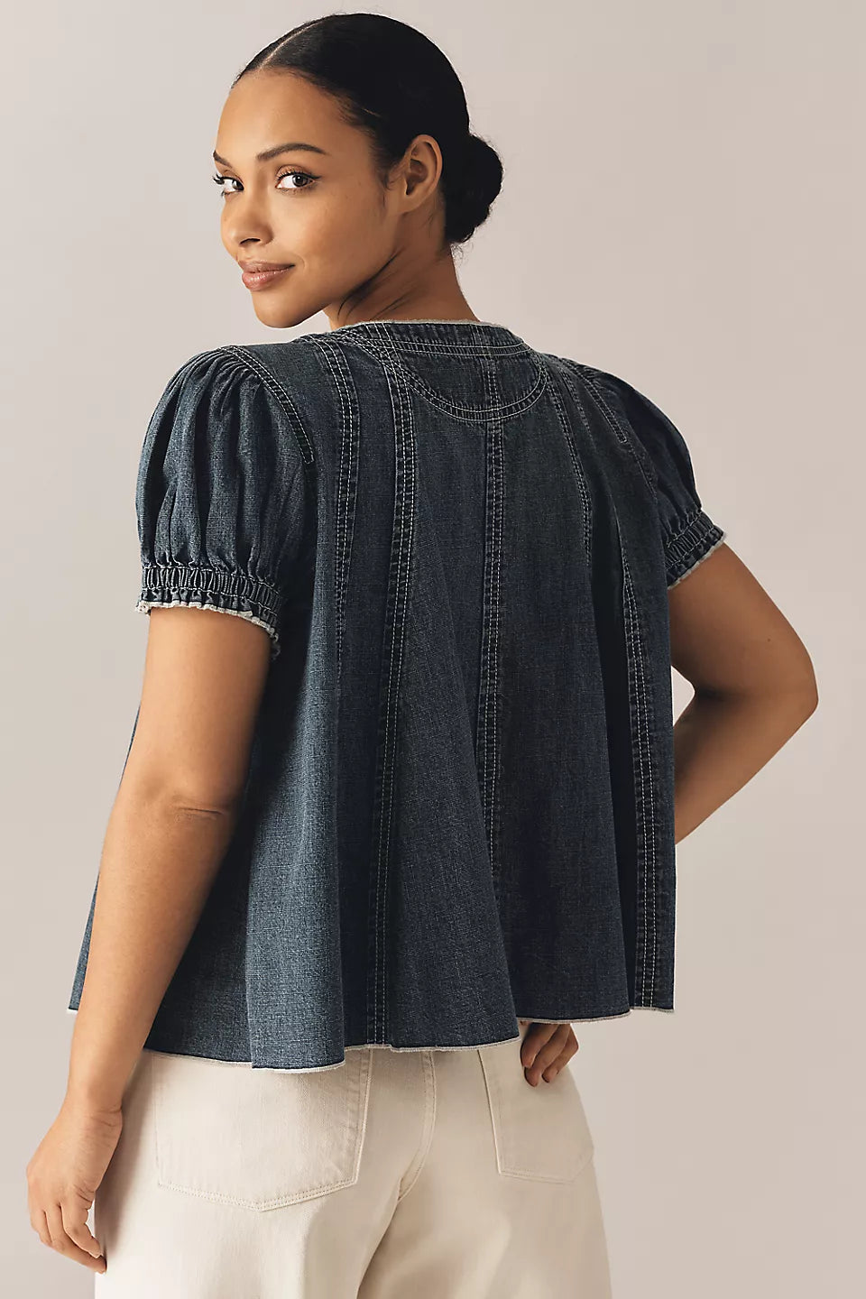Anthropologie Puff Sleeve Denim Top (2X)