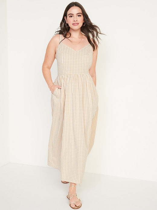 Neutral Gingham Cotton Maxi Dress (M)