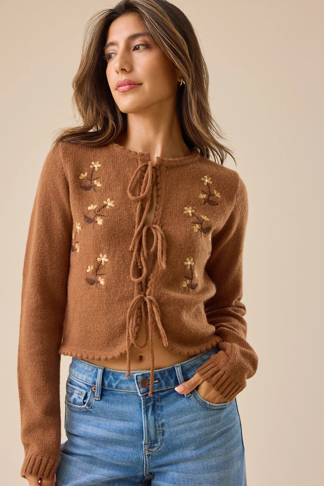 Floral Embroidered Tie Front Sweater (S/M)