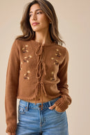 Floral Embroidered Tie Front Sweater (S/M)