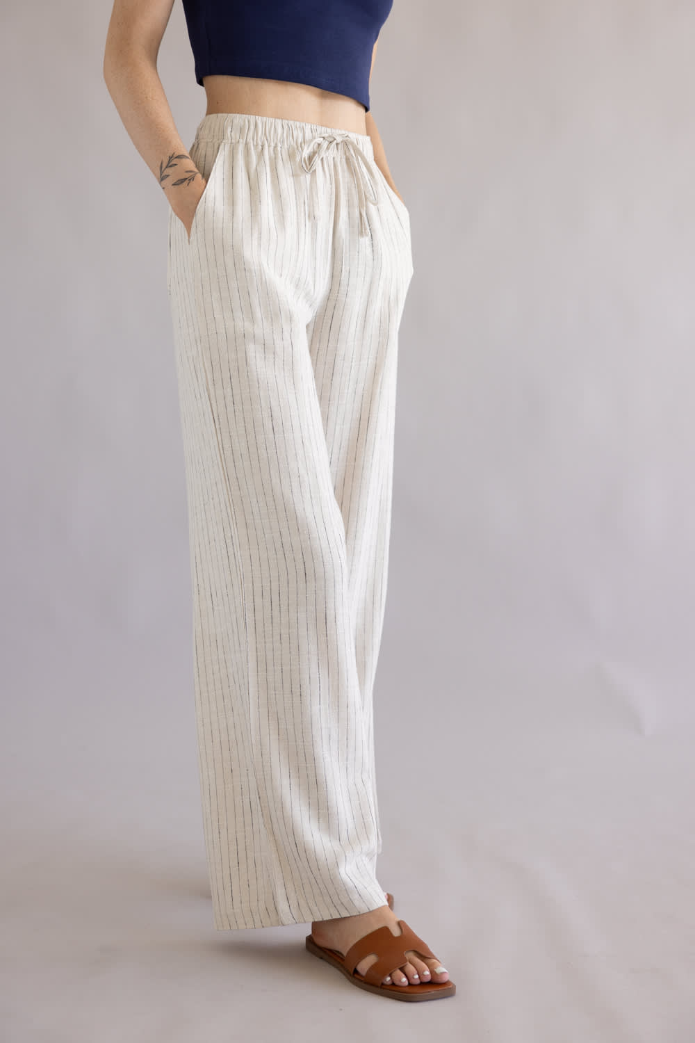 Striped Linen Blend Wide Leg Pants (L)