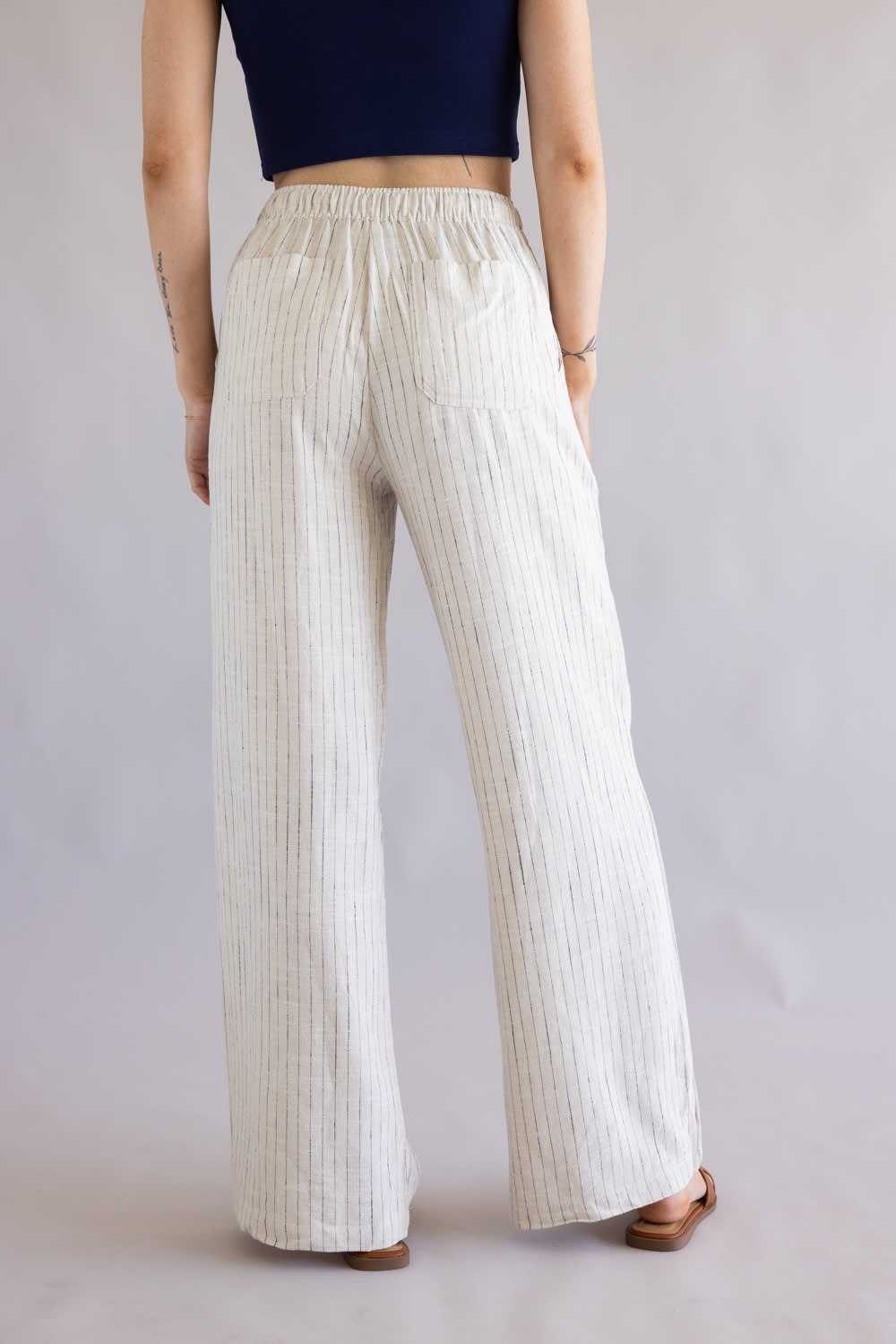 Striped Linen Blend Wide Leg Pants (L)
