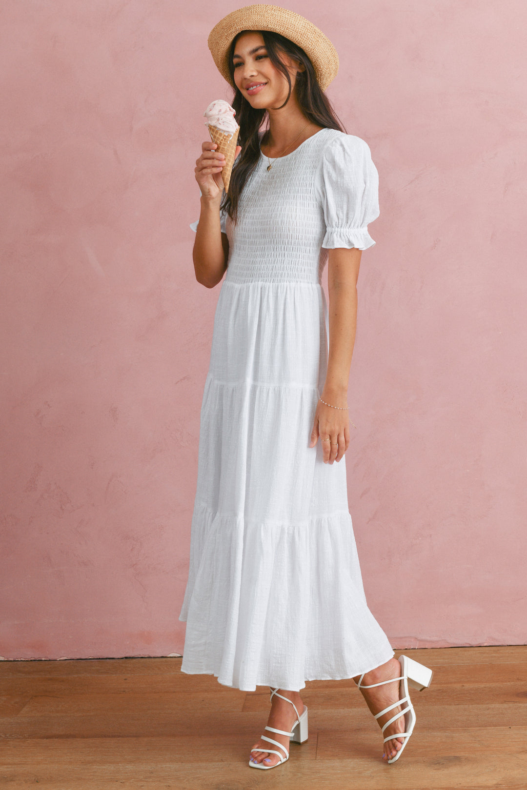 NEW White Smocked Maxi Dress (M)