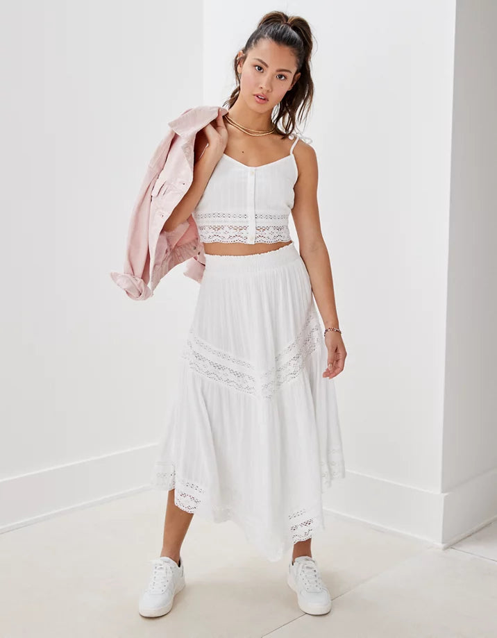 White Floral Lace Midi Skirt (XS)