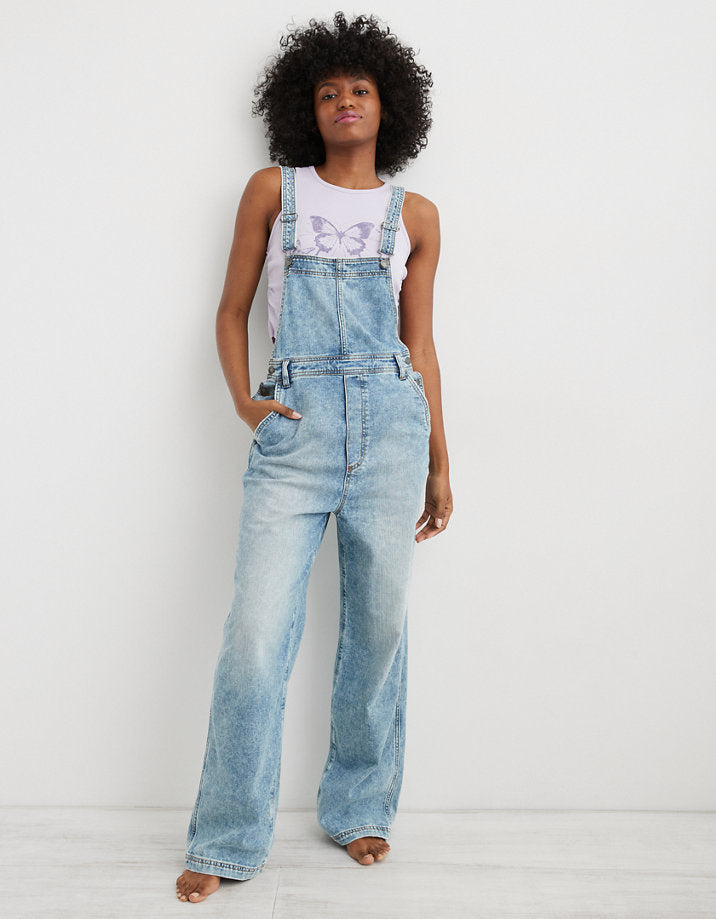 Aerie Light Wash Denim Overalls (XS)