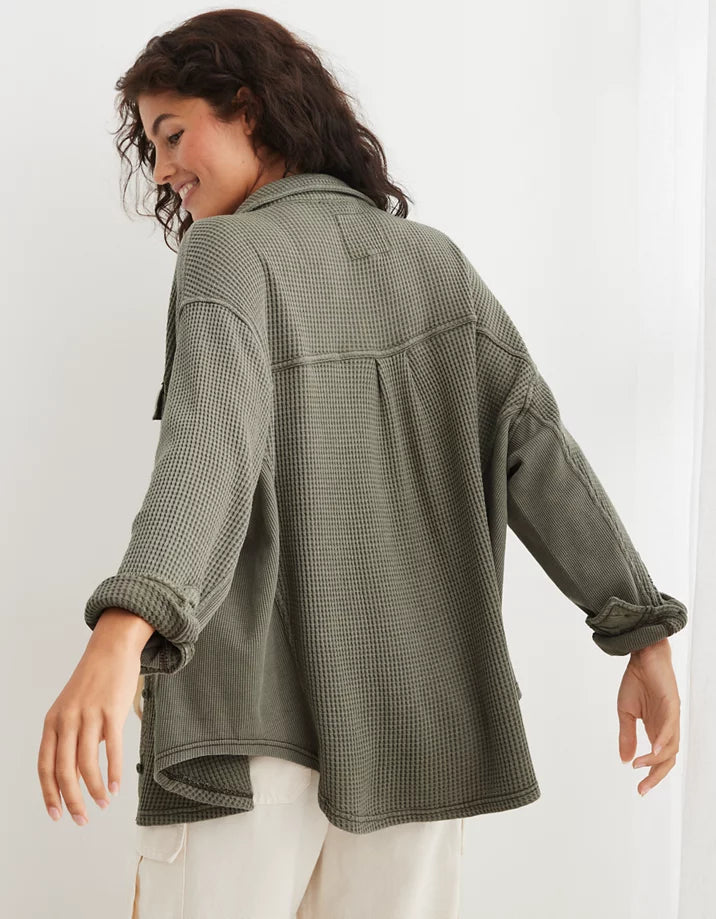 Aerie Olive Waffle Button Up (M)