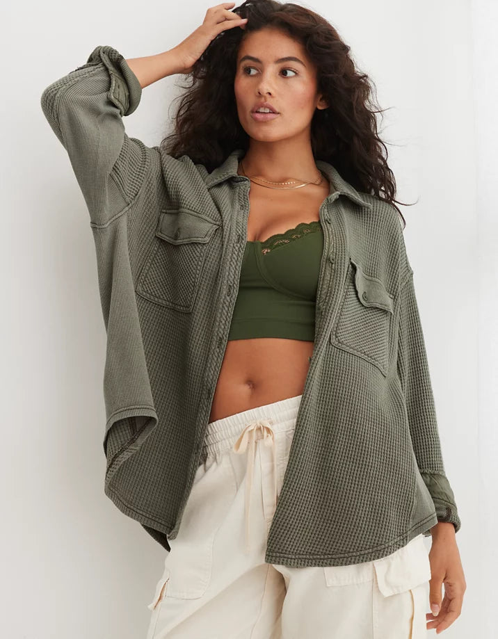 Aerie Olive Waffle Button Up (M)