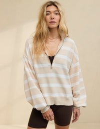 Aerie Striped Quarter Zip Sweatshirt (S)