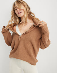 Aerie Camel Quarter Zip Sweater (XS)